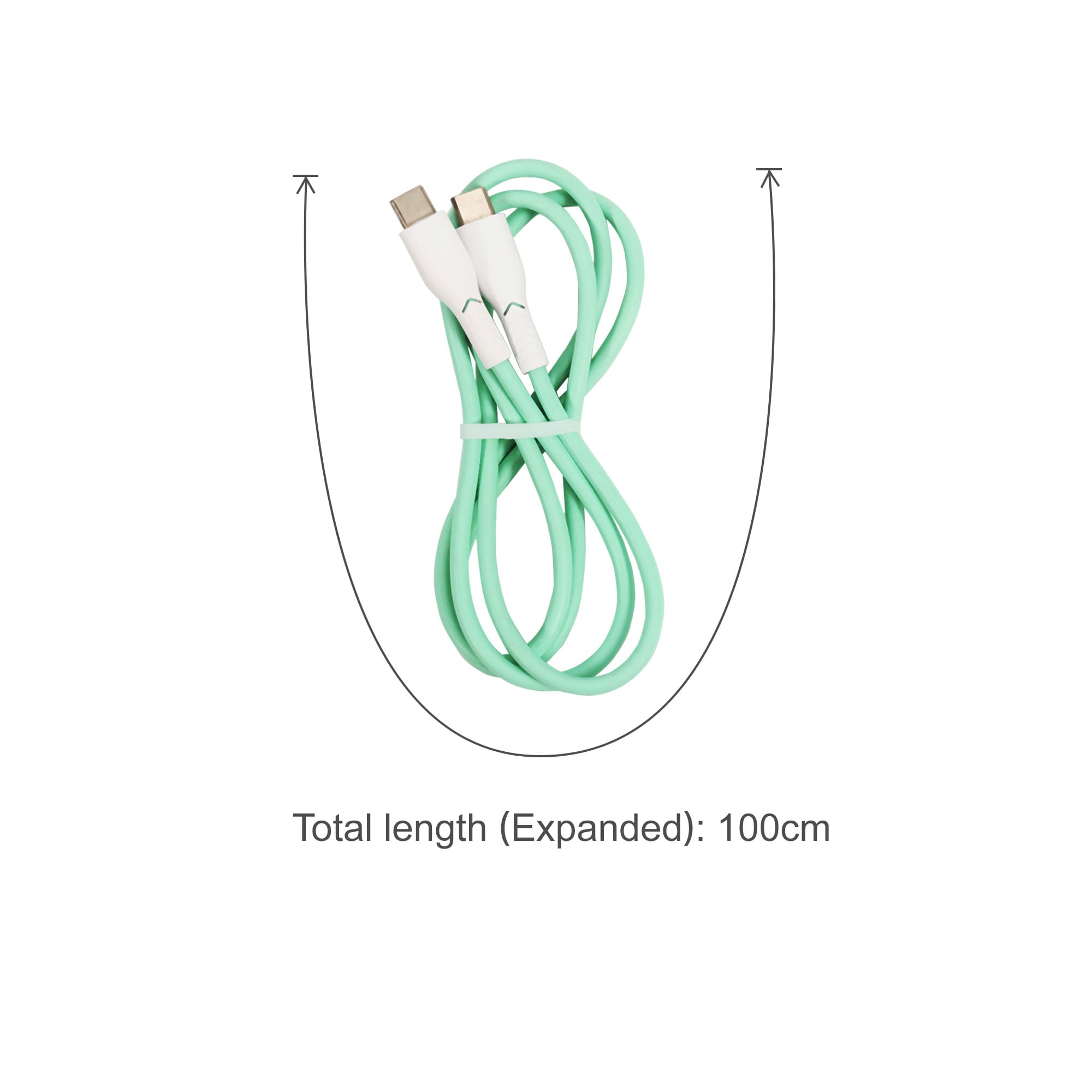 A mint green 100 cm fast charging cable with USB-C connectors, bundled together with a tie.