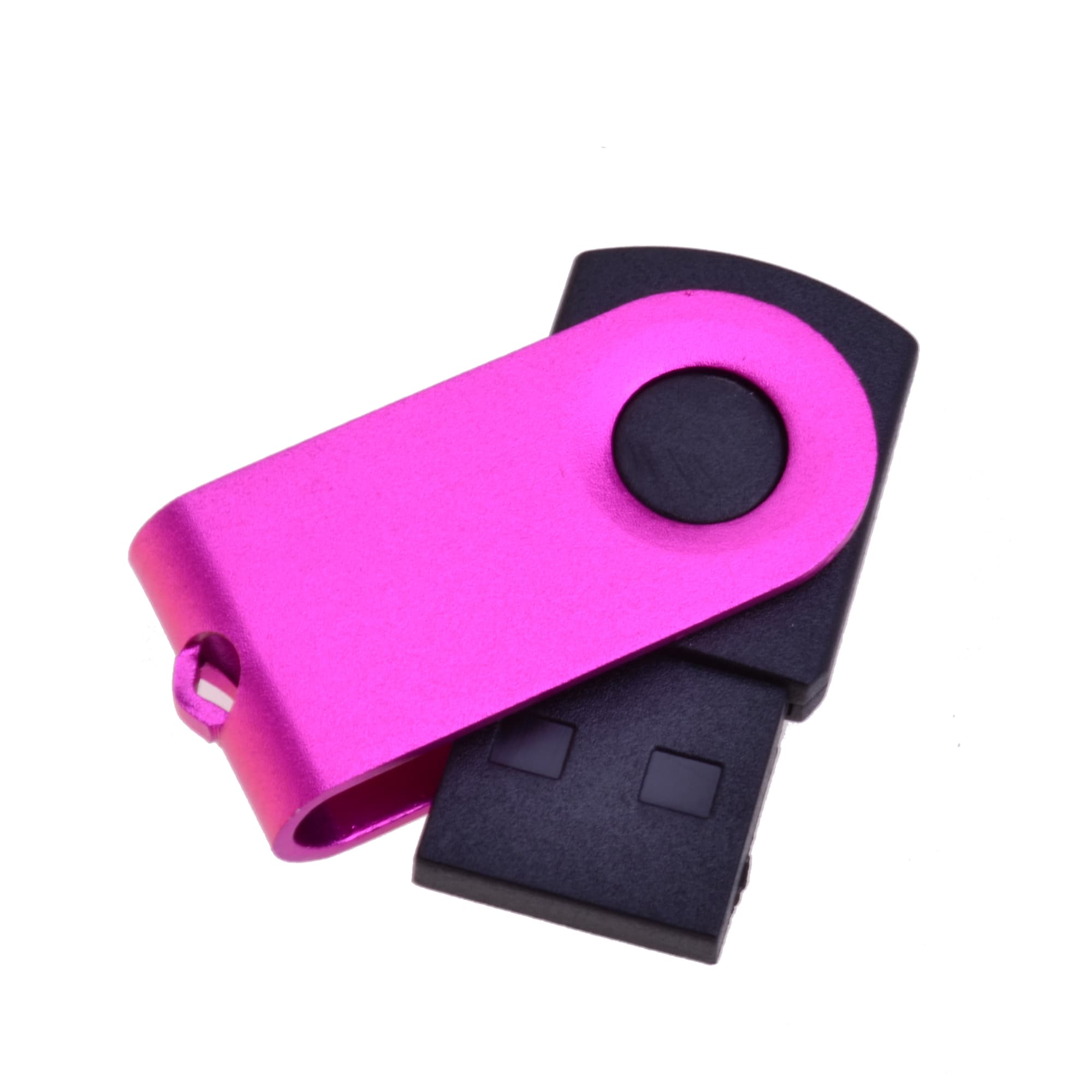A pink and black Mini Belton Flash Drive with a swivel design and a button. Features a logo on one side.