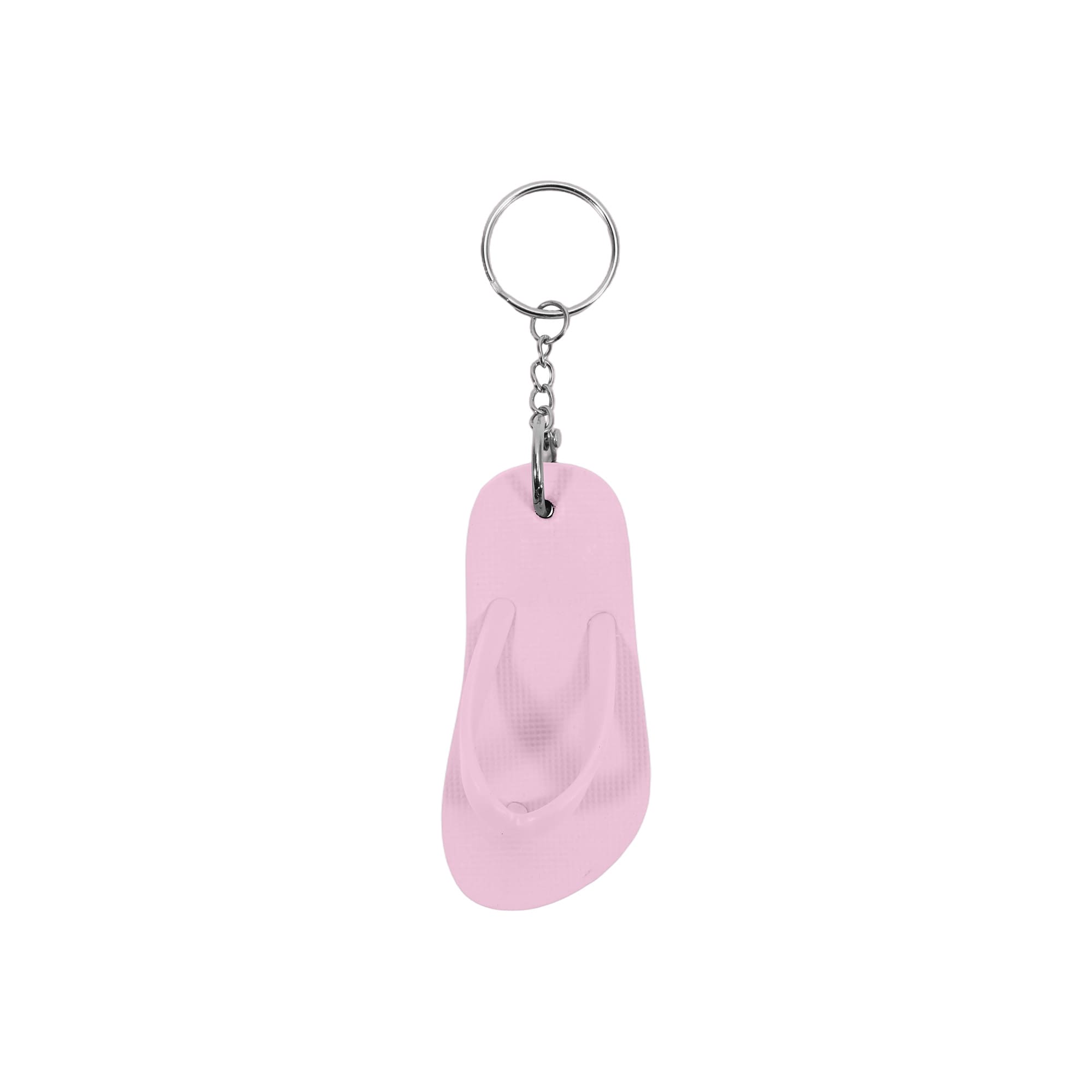 A pink thongs-shaped keyring with a metal chain and keyring attached.