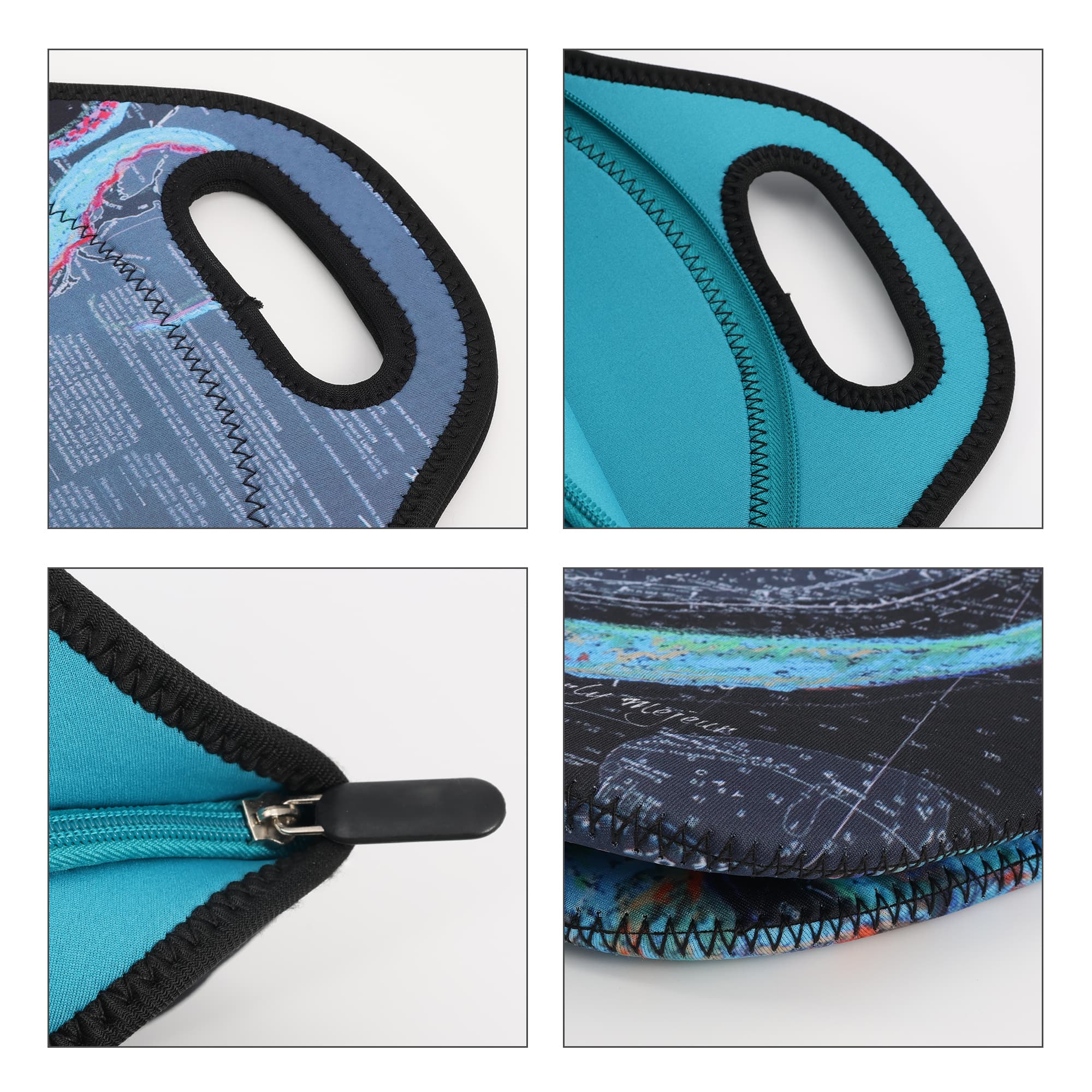 A soft neoprene lunch bag in shades of blue, featuring handles, a zip closure, and a patterned exterior with a logo.