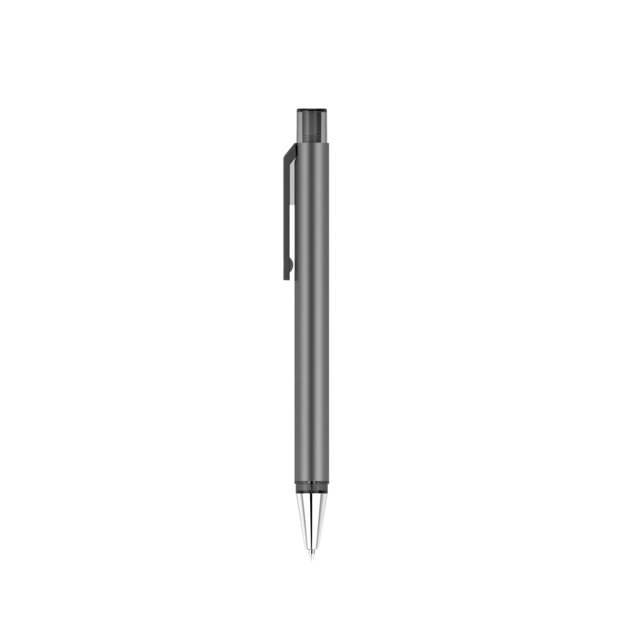 A flat grey pen with a clip, featuring a sleek design and a shiny silver tip.