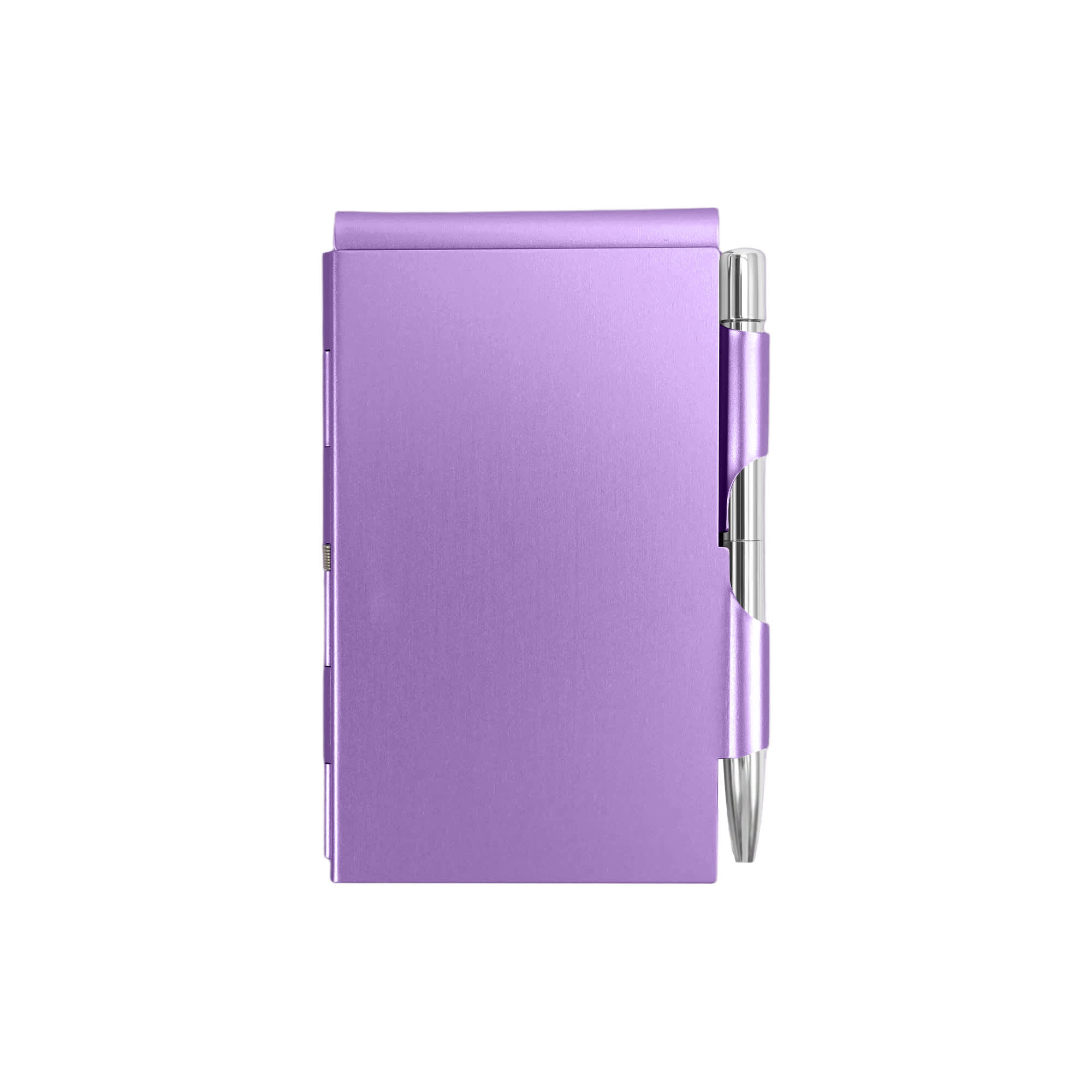 A purple aluminium pocket notebook featuring a silver pen attached to the side. It has a sleek, metallic finish.