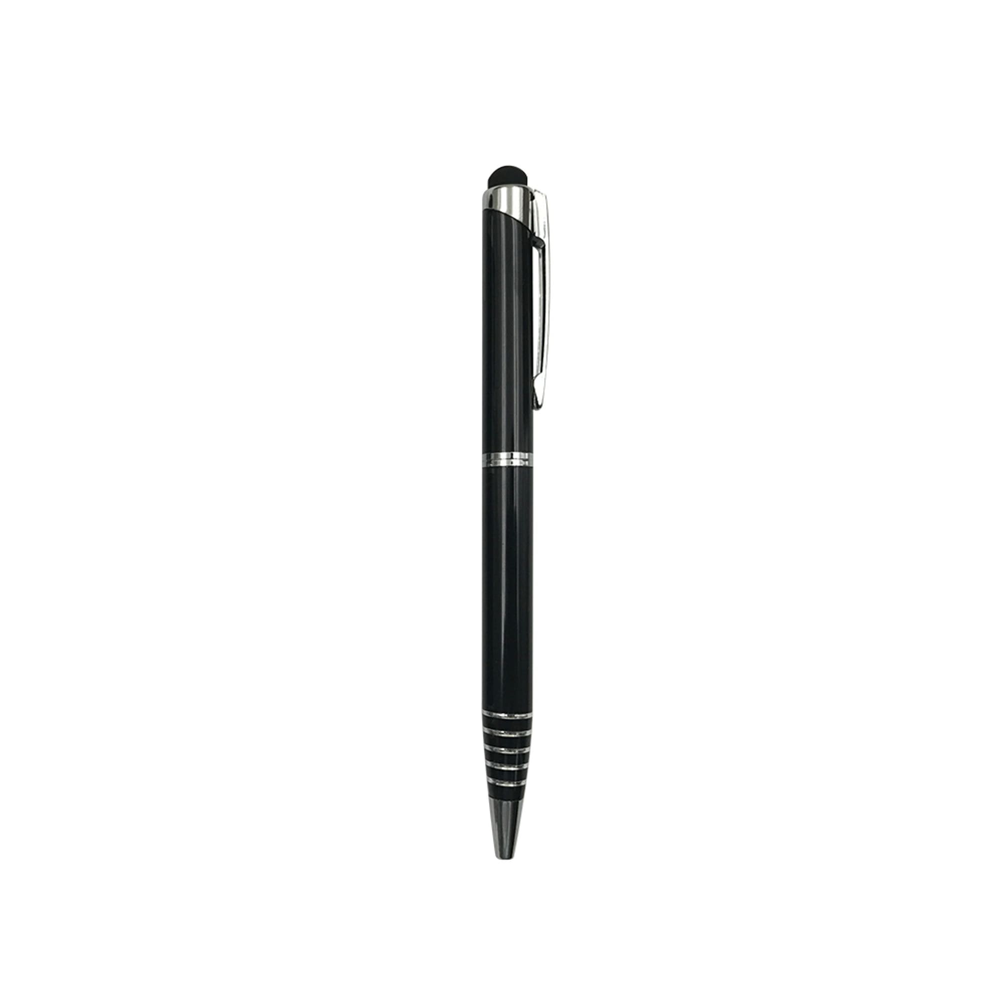 A black aluminium ball pen with a silver clip and stylus tip, featuring a logo on the barrel.