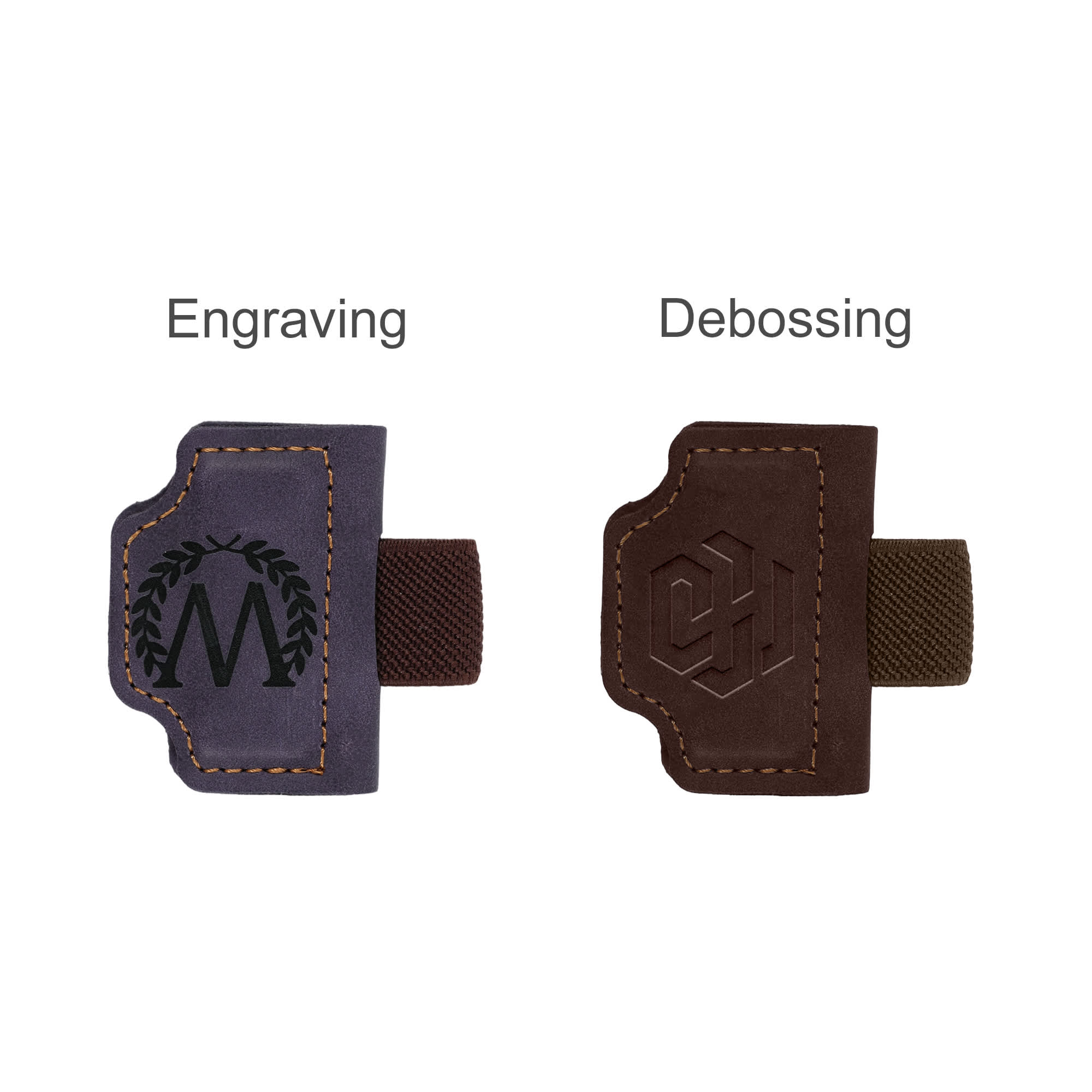 A magnetic bookmark with pen clip featuring two options: one in purple with engraving and one in brown with debossing.