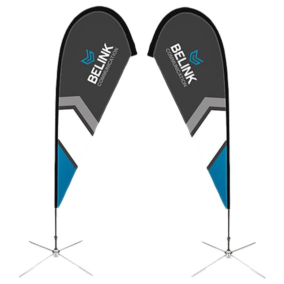 Two large teardrop banners, predominantly black and grey with blue accents, featuring a logo.