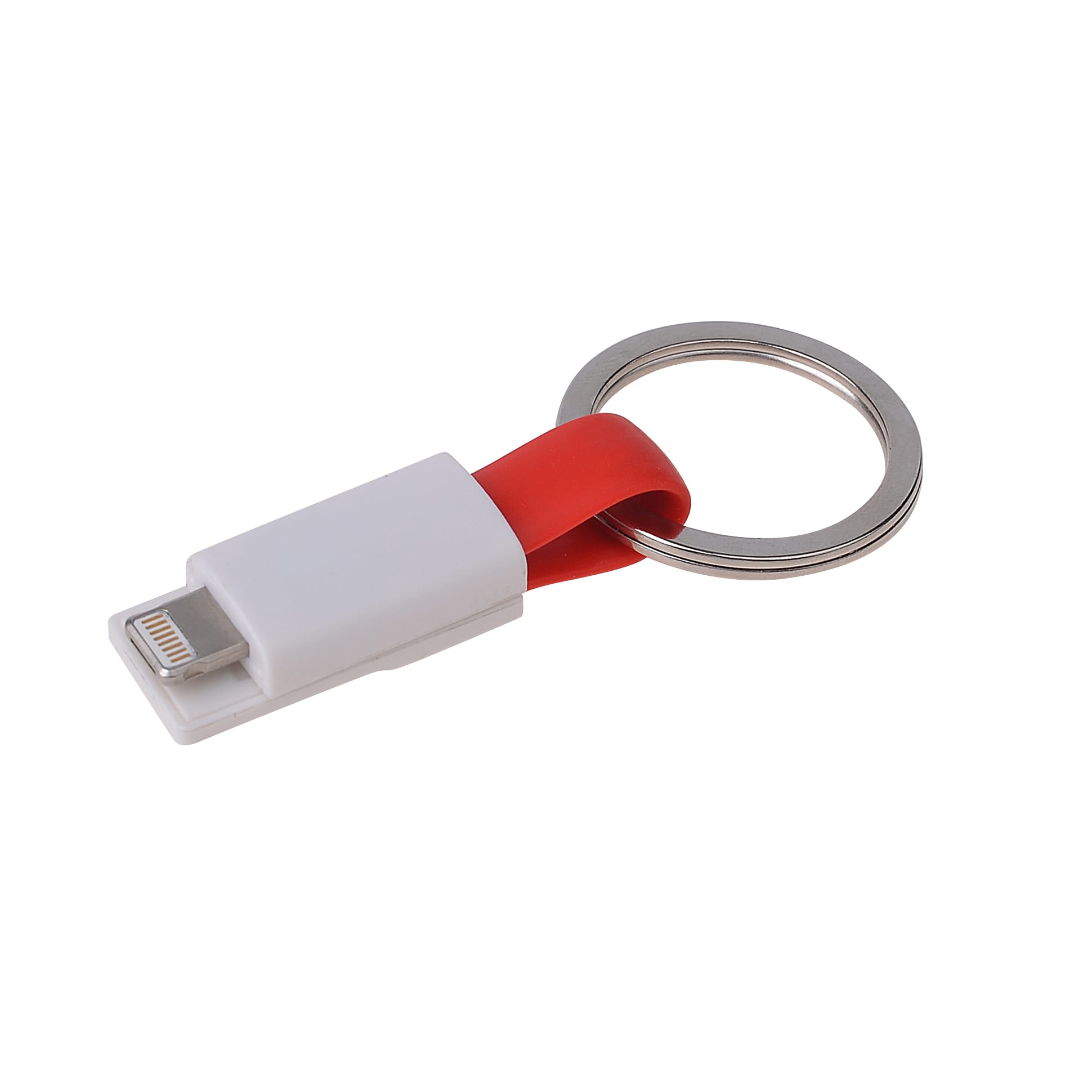 A small white and red magnetic charging cable attached to a metal keyring.
