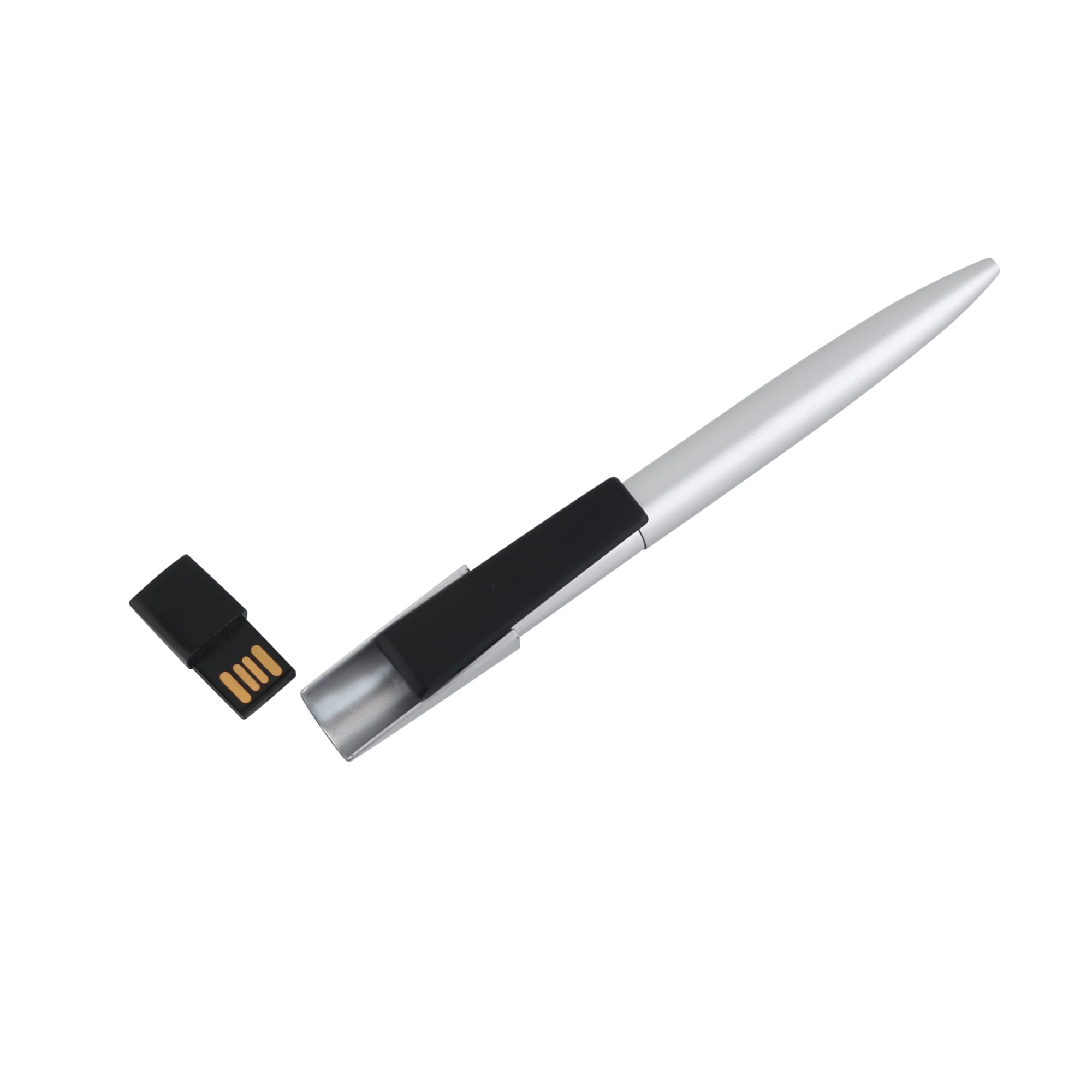 A silver click pen with a black grip and a detachable USB memory stick.