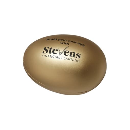 A gold egg-shaped stress reliever with a logo on the surface, designed for fun and relaxation.
