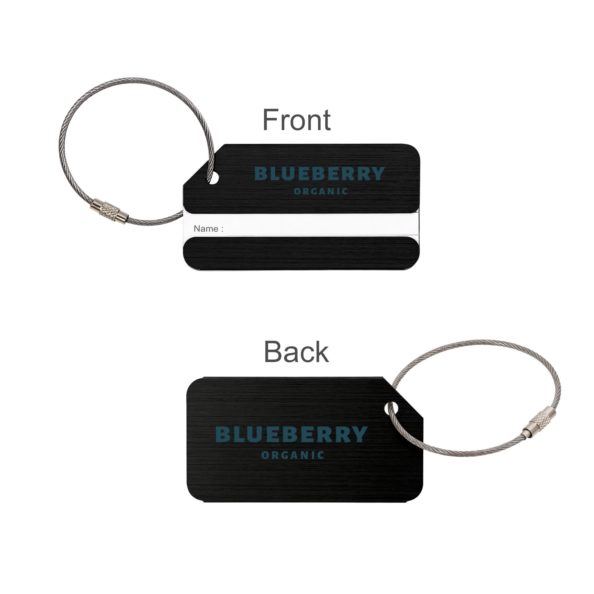 A square brushed aluminium luggage tag in black, featuring a logo, with a wire loop for attachment.