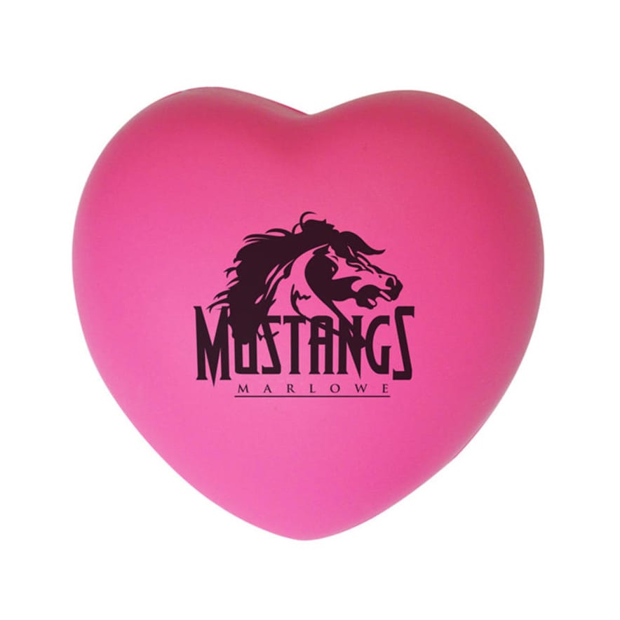 A large pink heart-shaped stress reliever featuring a logo design.