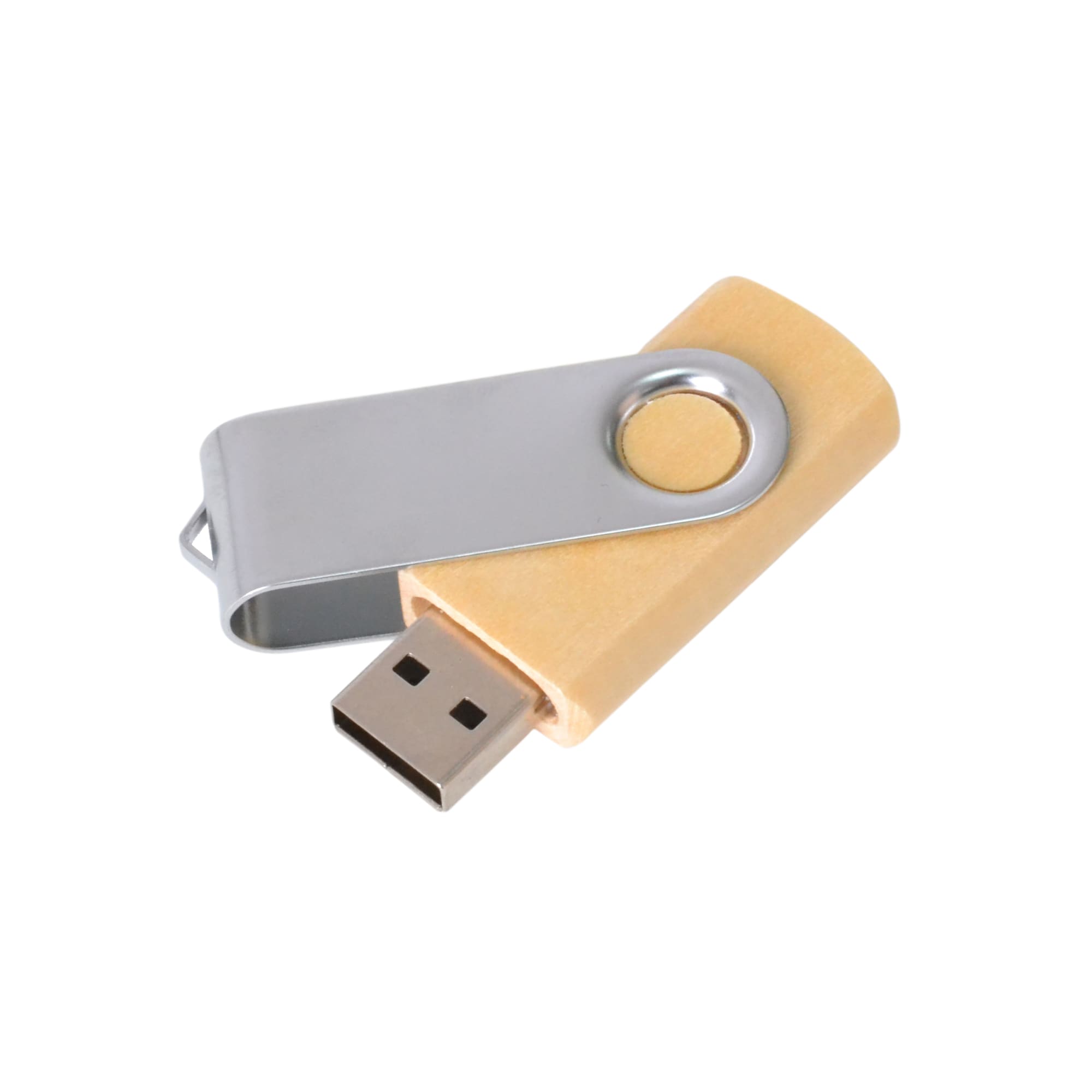 A metal swivel wooden flash drive featuring a silver swivel and a polished wooden body.