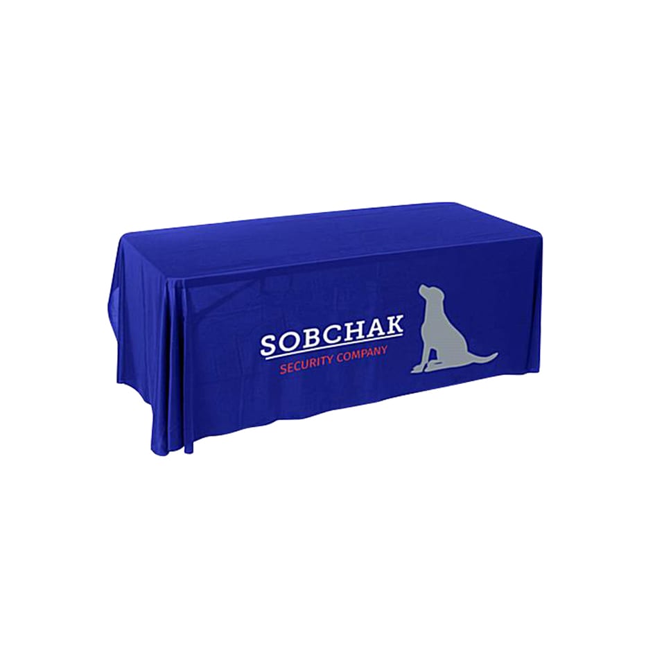 A blue, three-sided throw tablecloth for a 4ft table featuring a logo and branding.