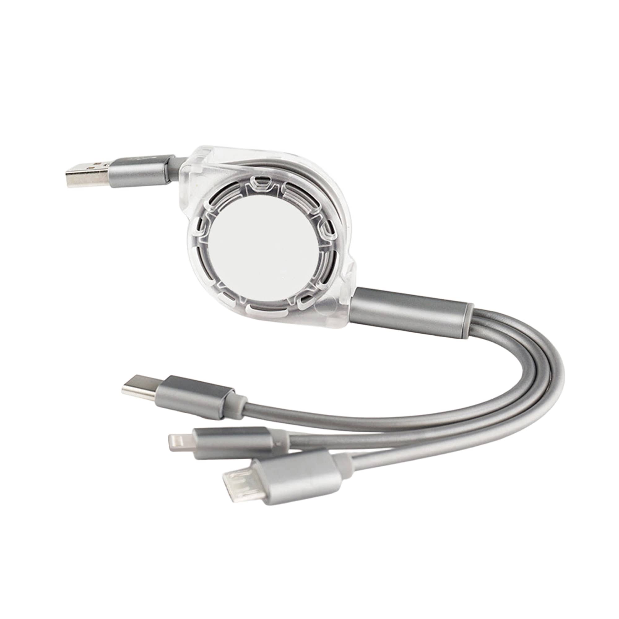 A retractable charging cable in grey, featuring multiple connectors for different devices and a circular casing.