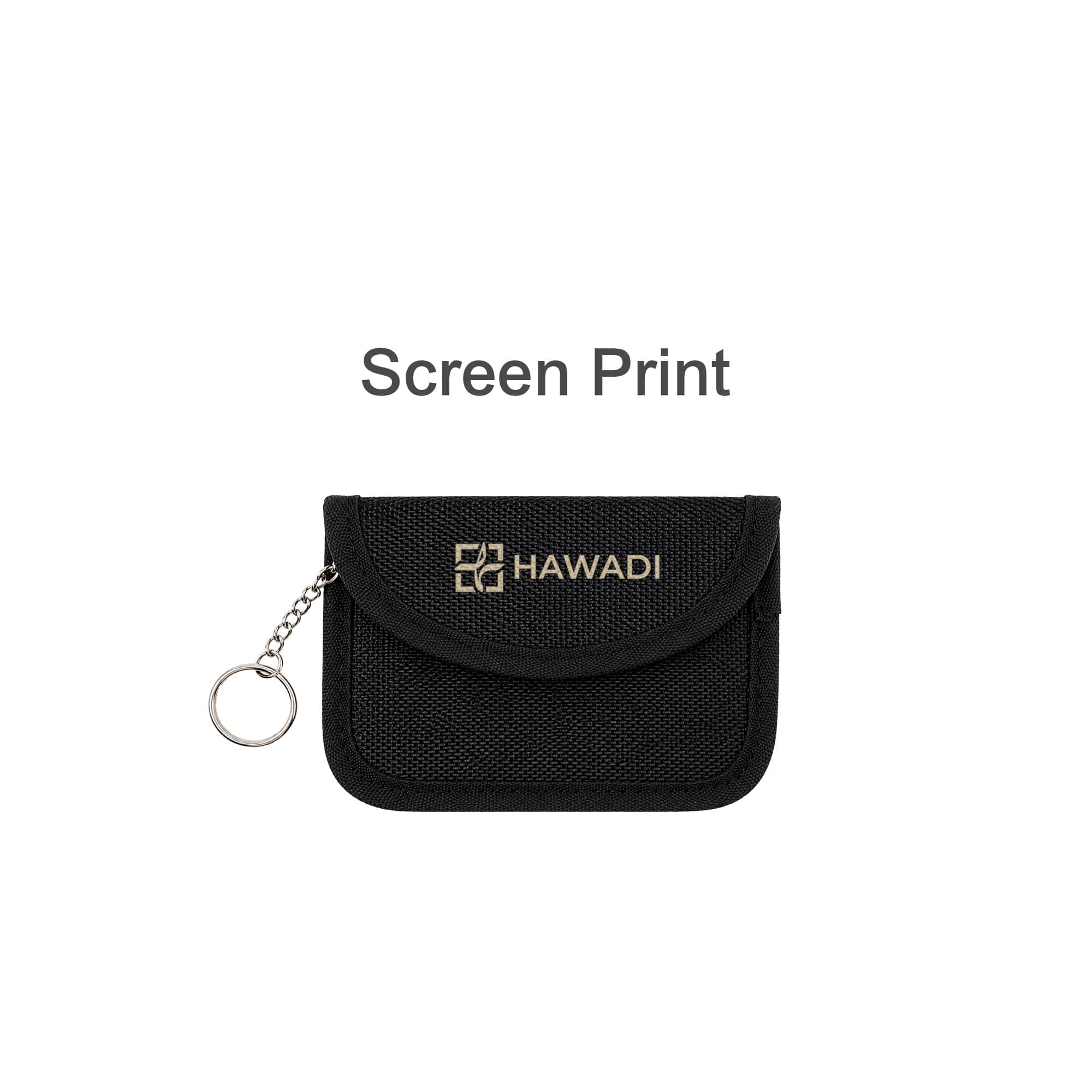 A black RFID blocking key pouch with a chain keyring and a logo on the front.