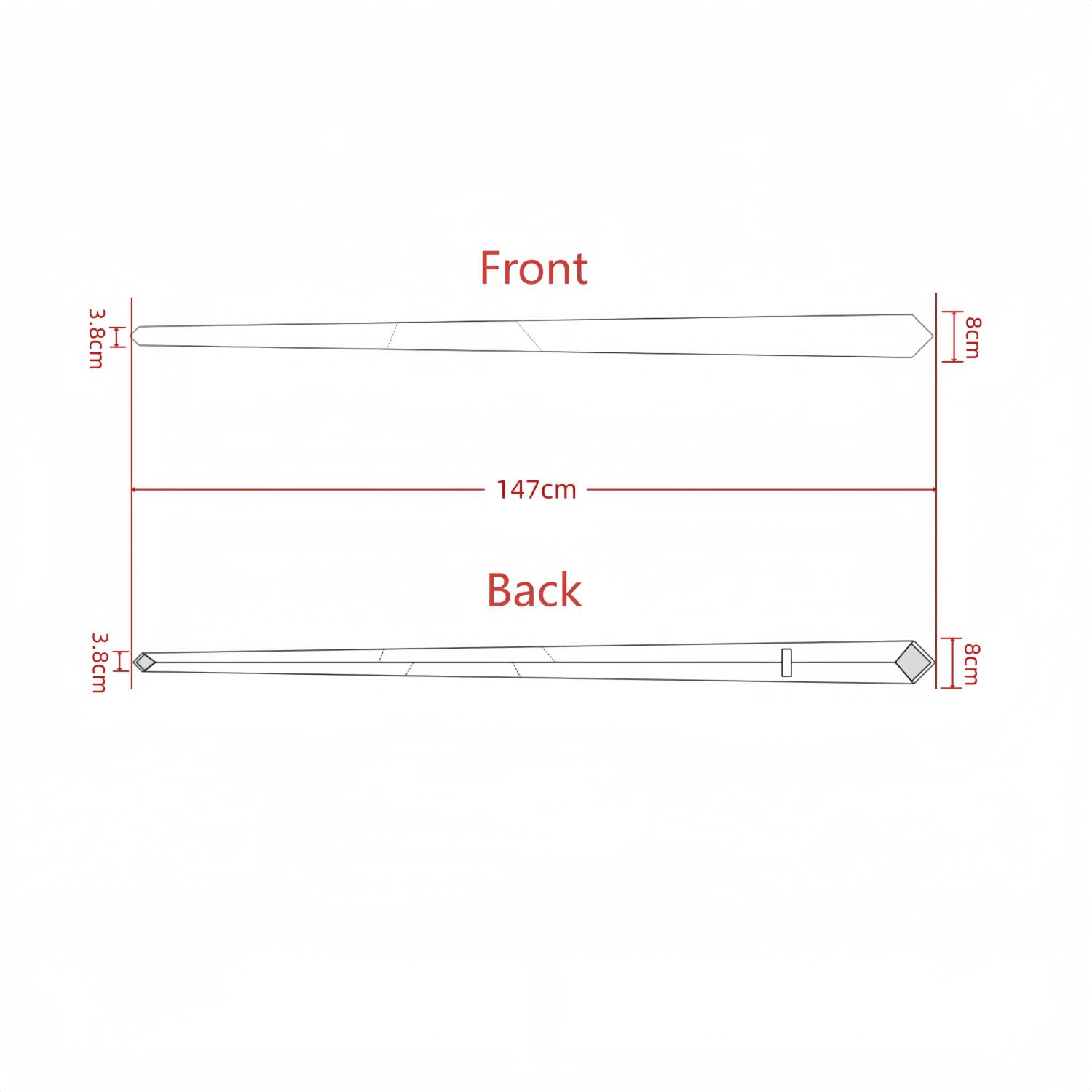 A 100% polyester printed tie, measuring 8cm wide and 147cm long, featuring a pointed tip design.