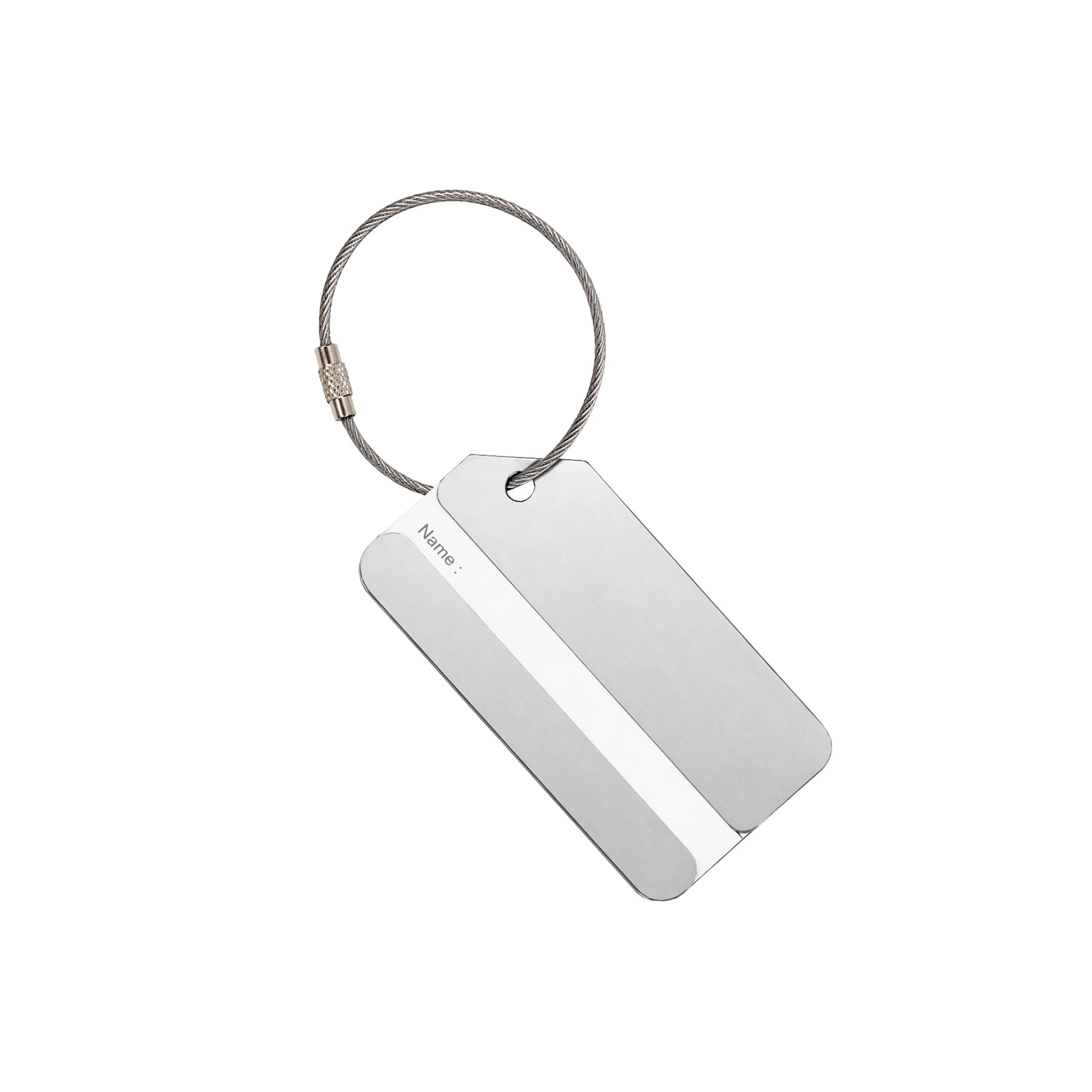 A square aluminium luggage tag in silver with a wire loop. The tag features a blank space for a name.
