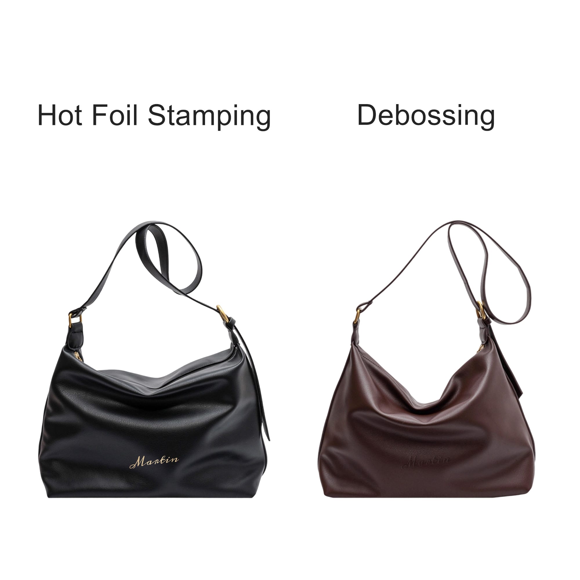 A black polyurethane tote bag with hot foil stamping and a brown polyurethane tote bag with debossing. Both have shoulder straps.