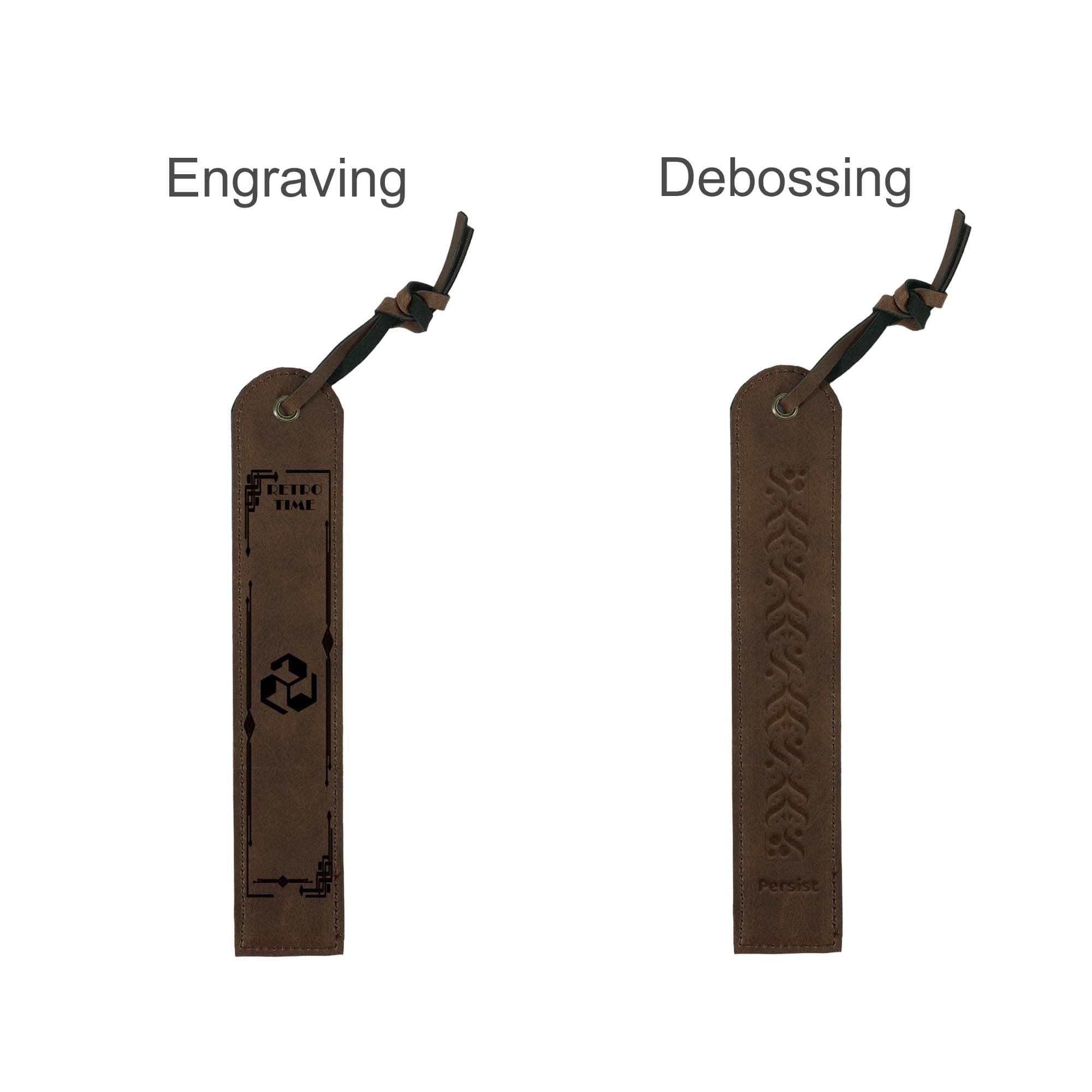 A vintage-style brown leather bookmark featuring engraving and debossing designs, with a decorative tie.