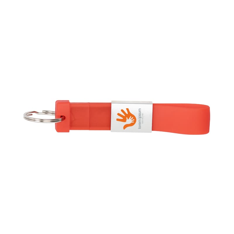 A bright orange silicone tag flash drive with a metal keyring attachment and a logo.