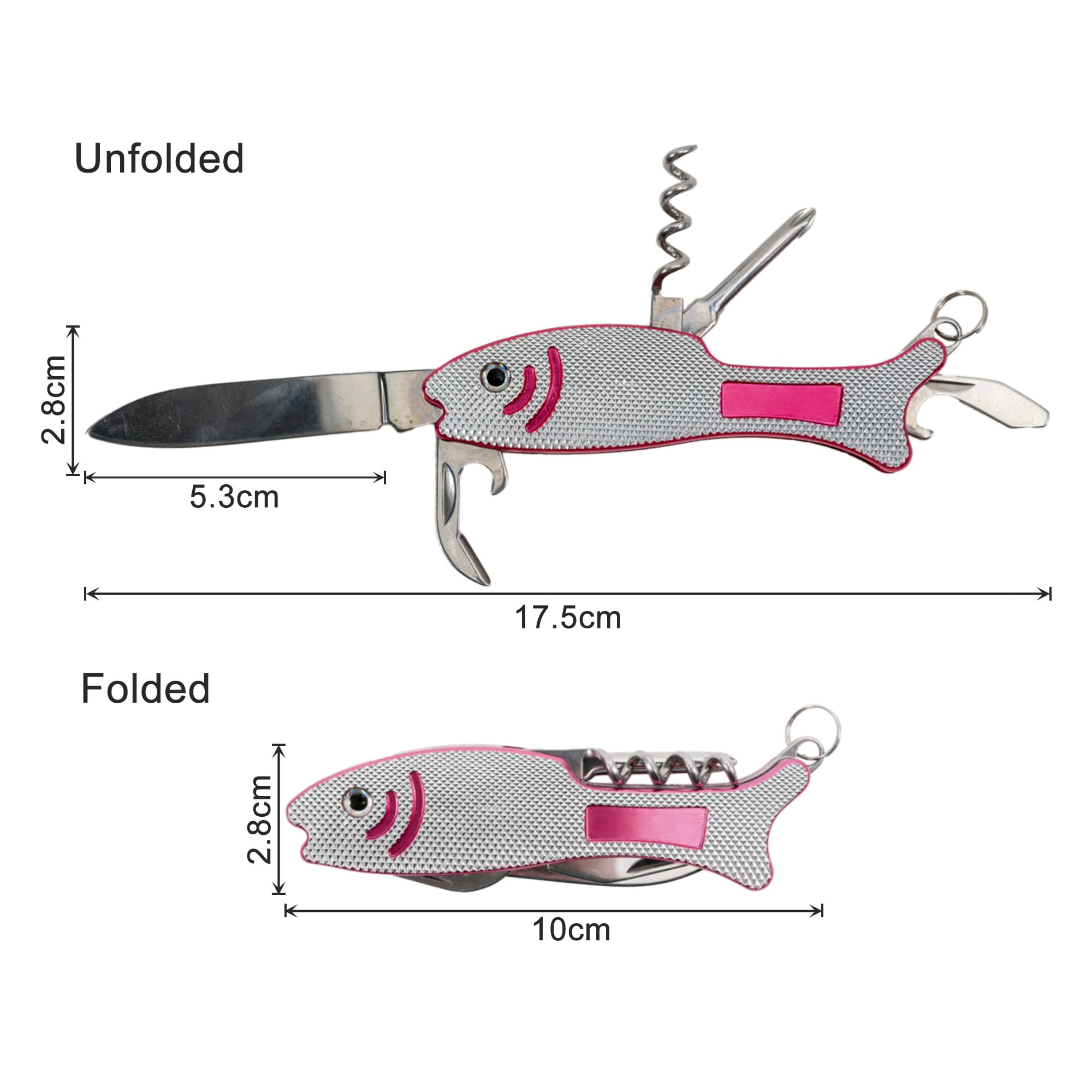 A multitool keyring shaped like a fish, featuring a knife, corkscrew, and bottle opener in silver and pink.