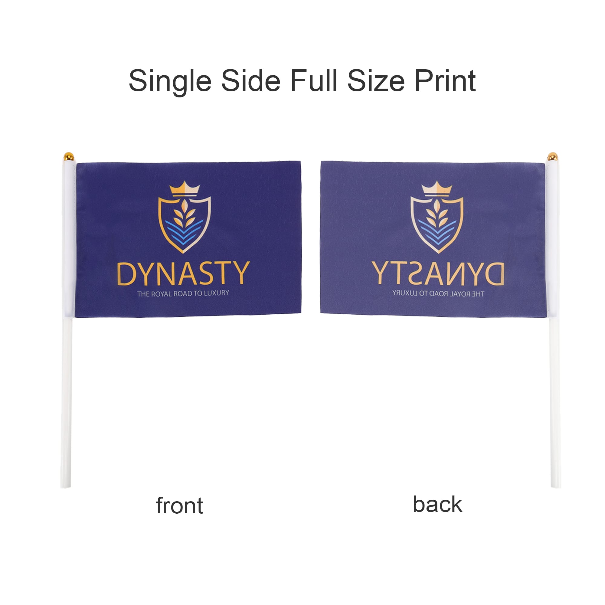 A rectangular cheering flag stick with a purple flag featuring a logo in gold on both sides.