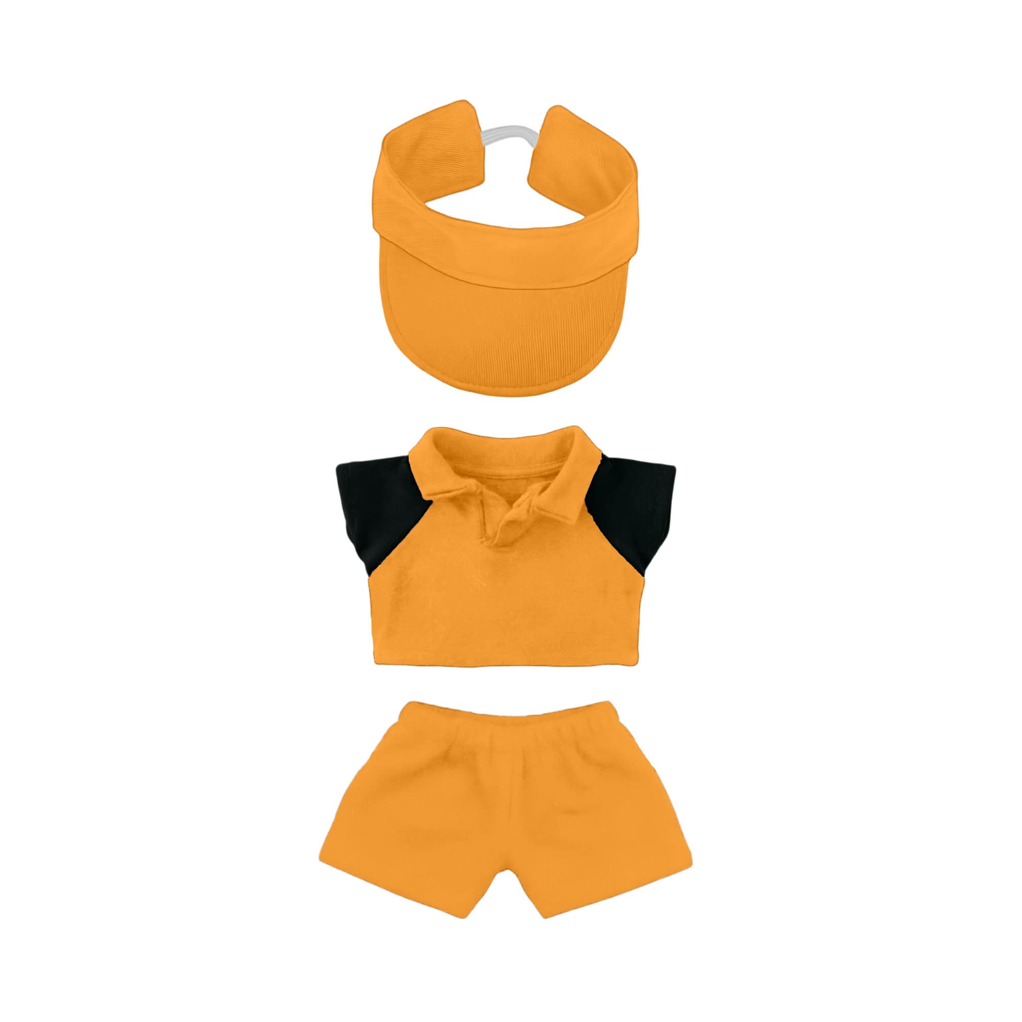 A plush doll racing suit set in bright yellow, including a visor, shirt with black sleeves, and matching shorts.