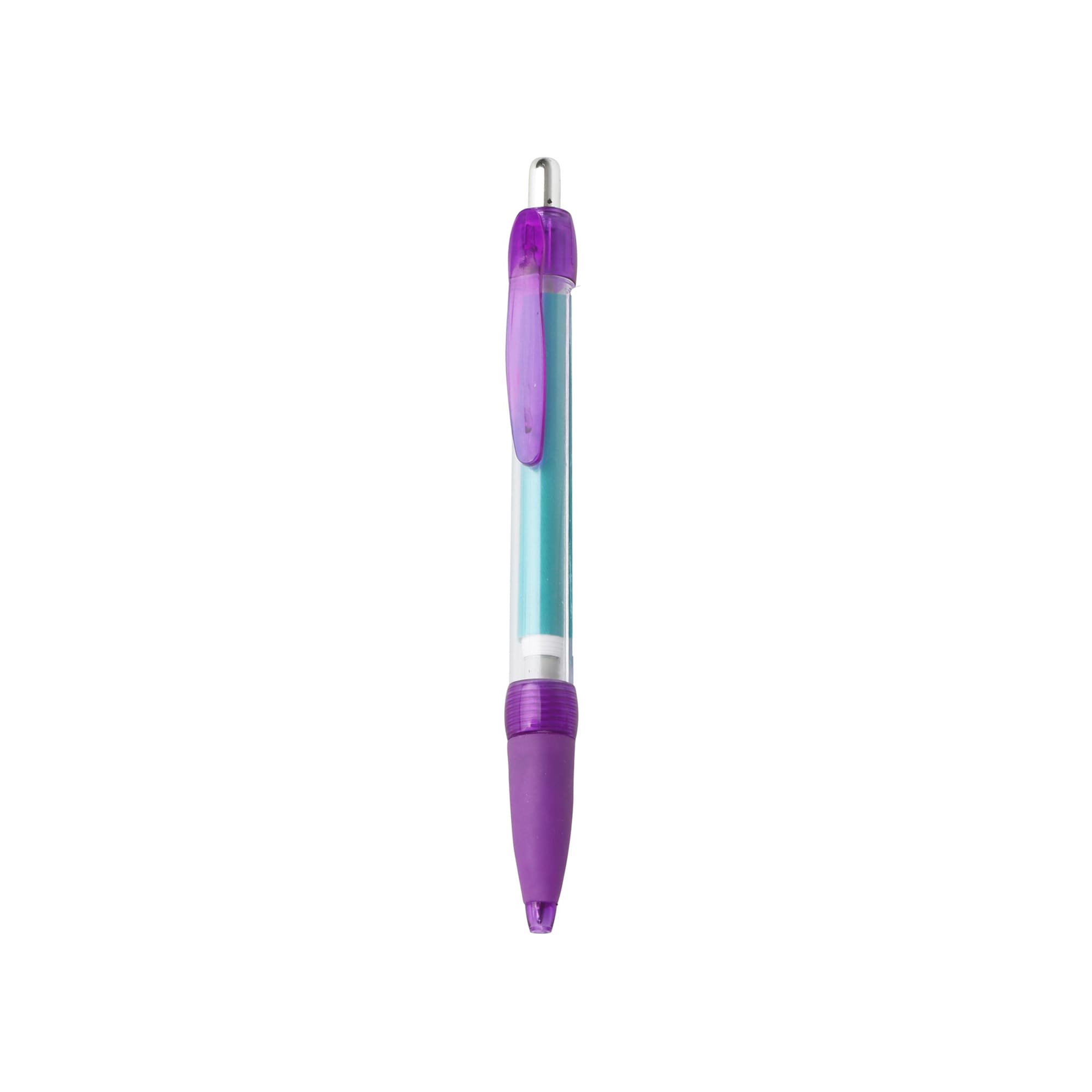 A purple and blue banner pen with a transparent body and a matching grip, featuring a logo.