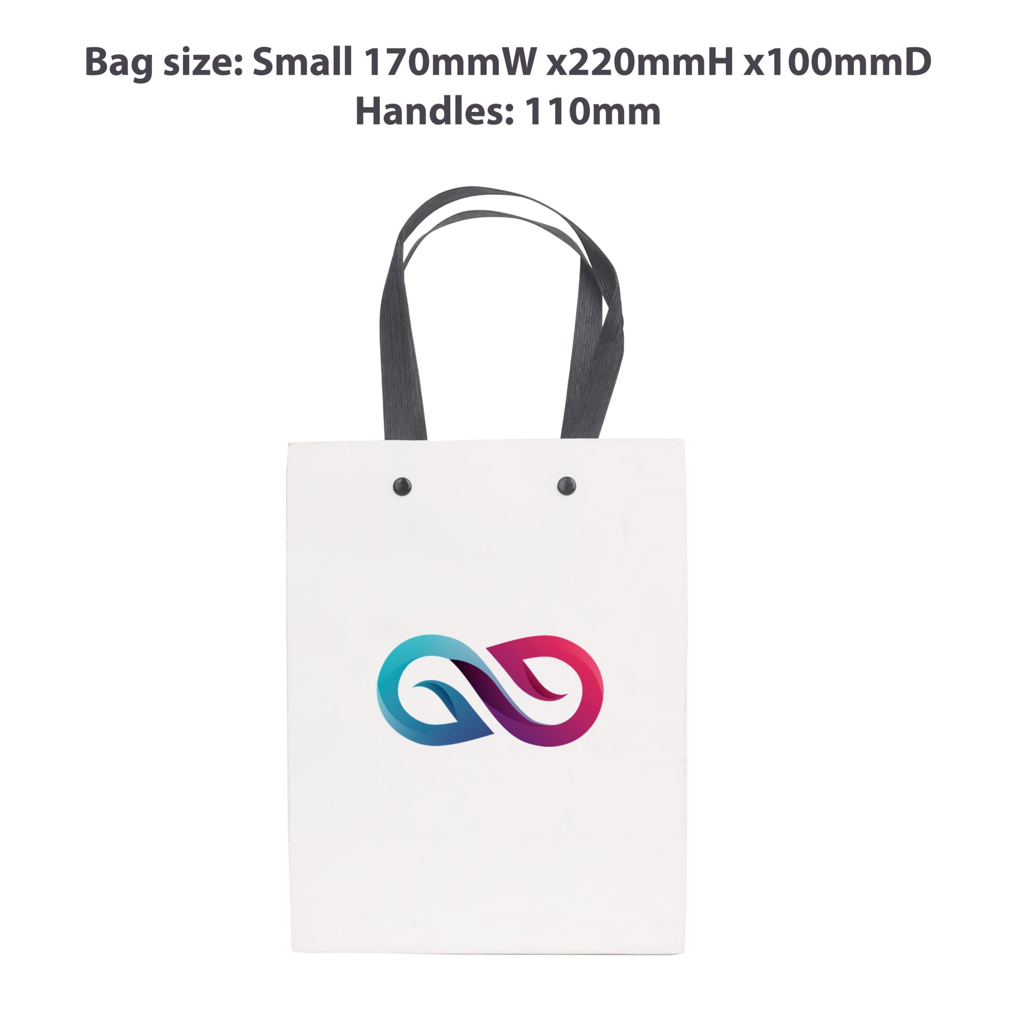 A small white vertical paper bag with a knitted handle and a multi-coloured logo design.