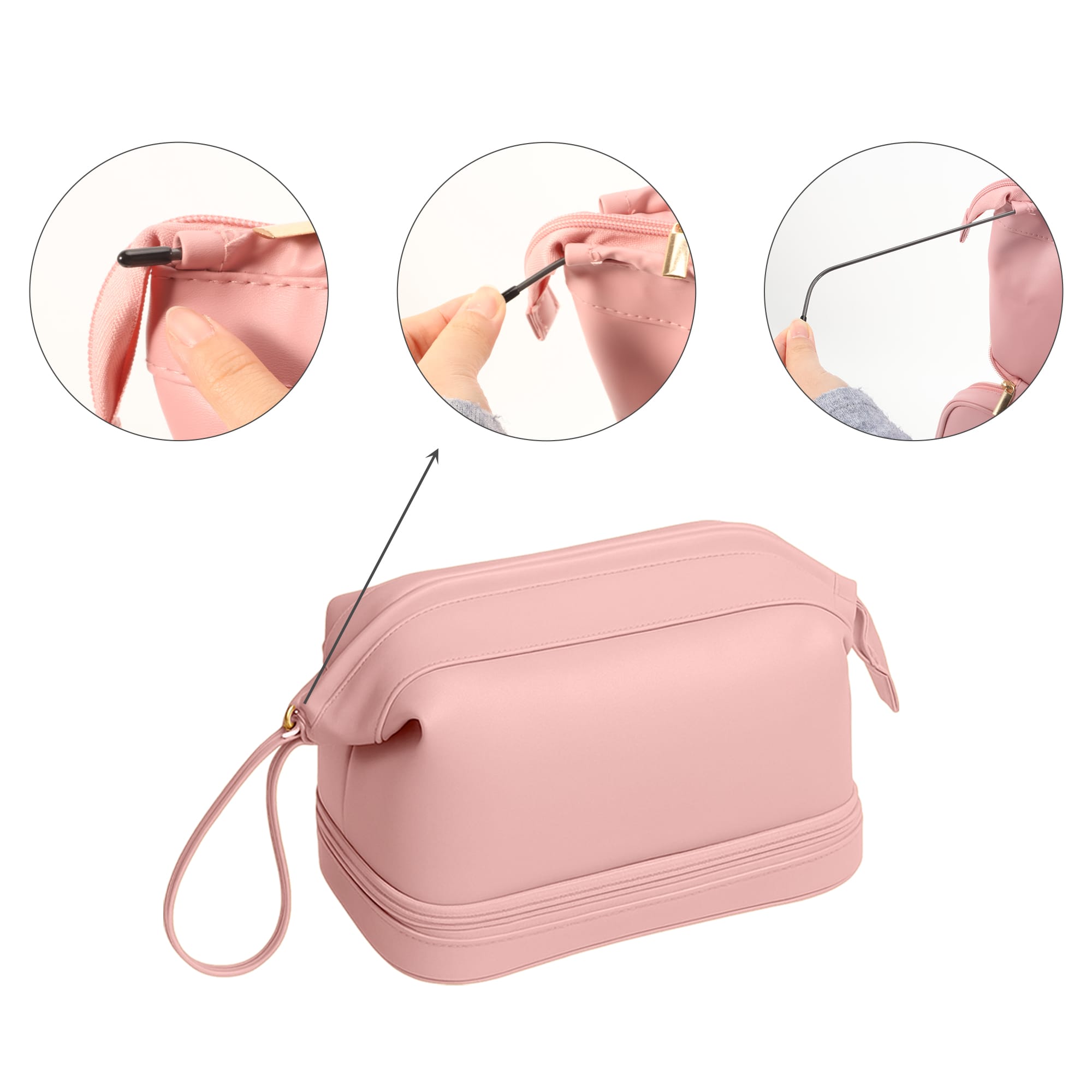 A large pink PU toiletry bag with a gold zipper and a wrist strap. It features multiple circular inserts showing zipper details.