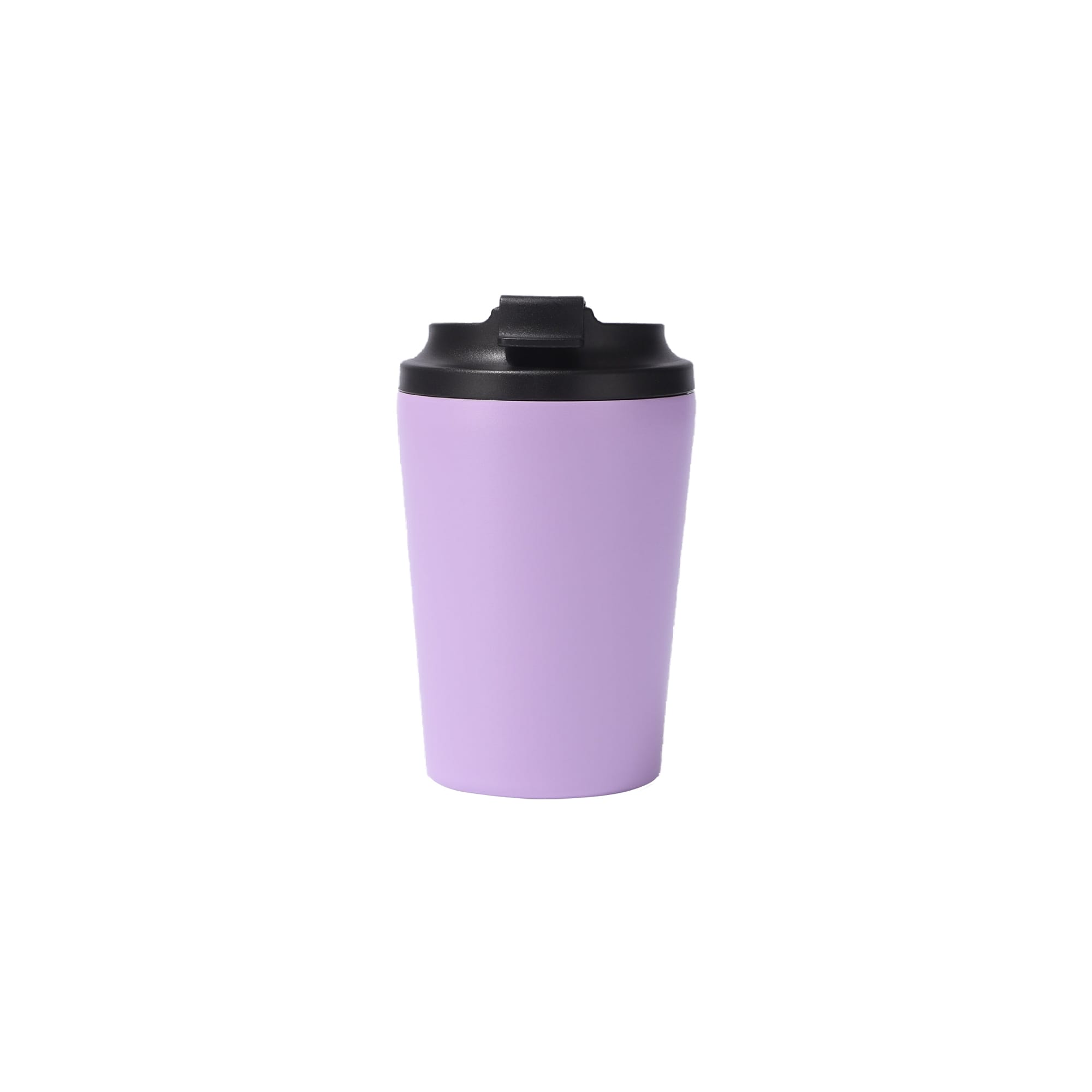 A powder-coated stainless steel coffee mug in lavender with a black lid and a logo.