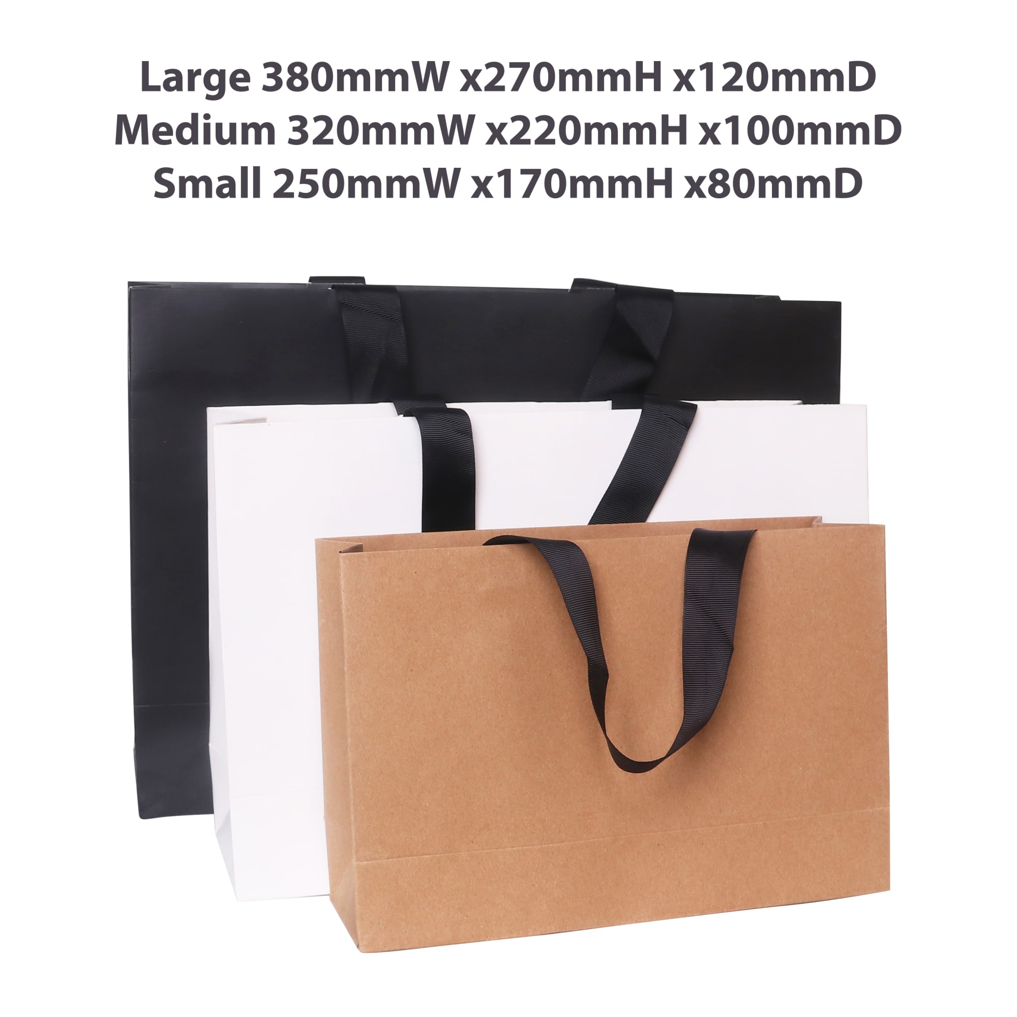 Medium paper bag in black, white, and brown with flat handles, featuring dimensions of 320 x 220 x 100mm.