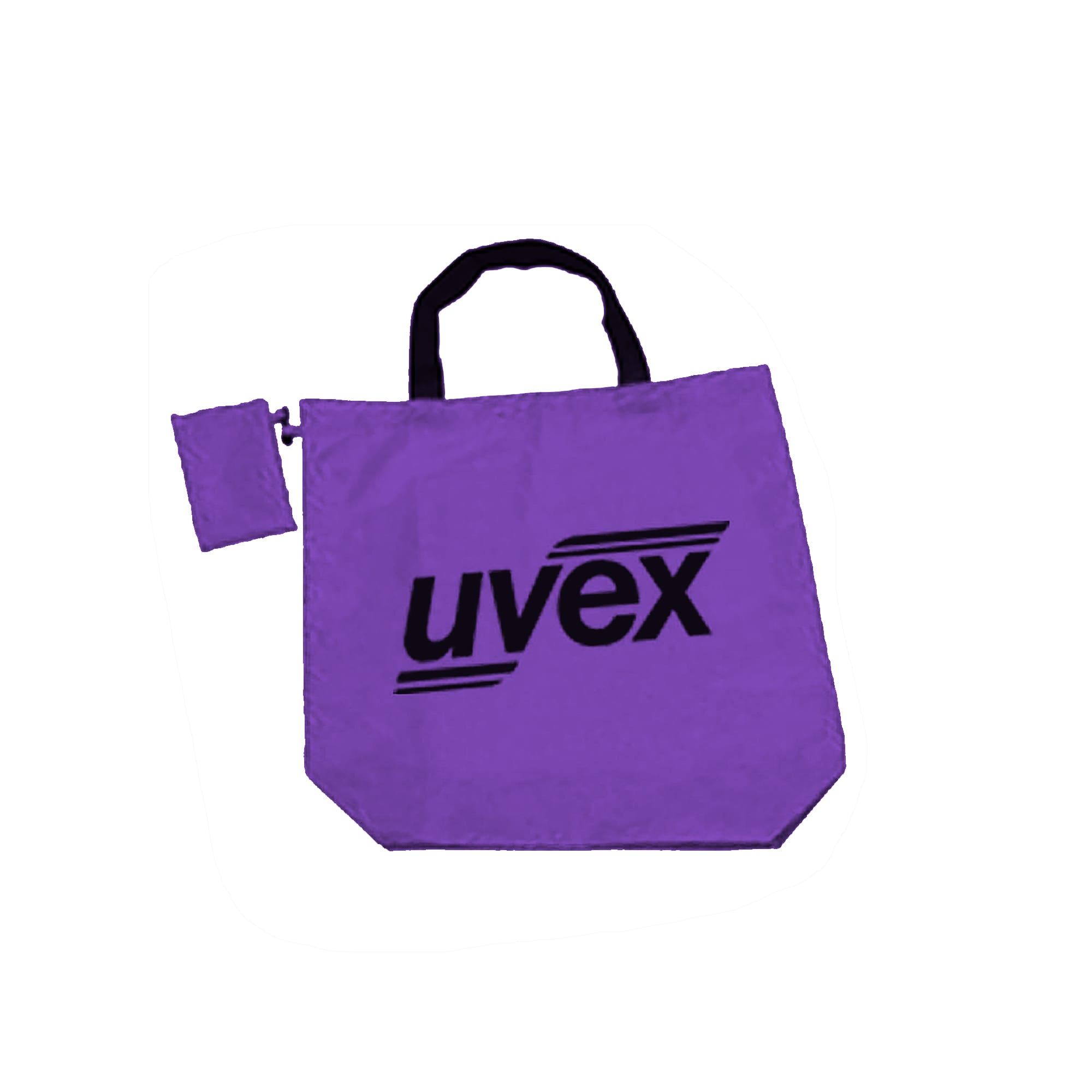 A purple foldaway shopping bag with black handles and a matching clip. The bag features a logo.
