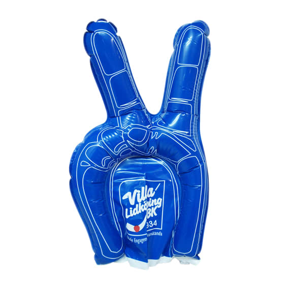A blue inflatable hand in a peace sign gesture, featuring a logo on the palm.