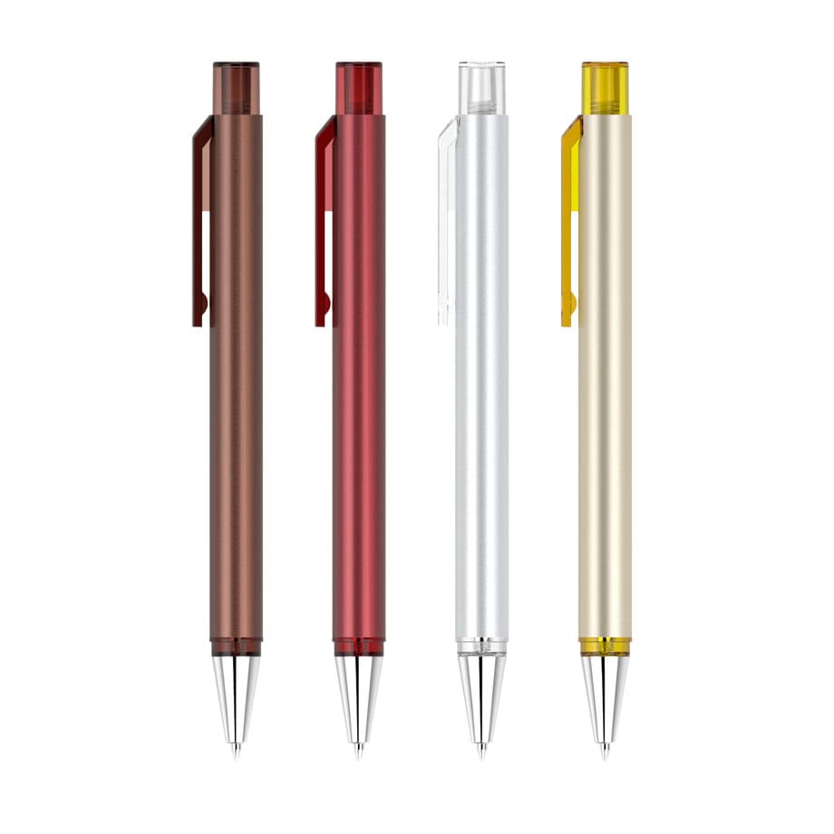 Four plastic pens in brown, red, clear, and yellow, each with a clip and a metallic tip. The pens feature various colours.