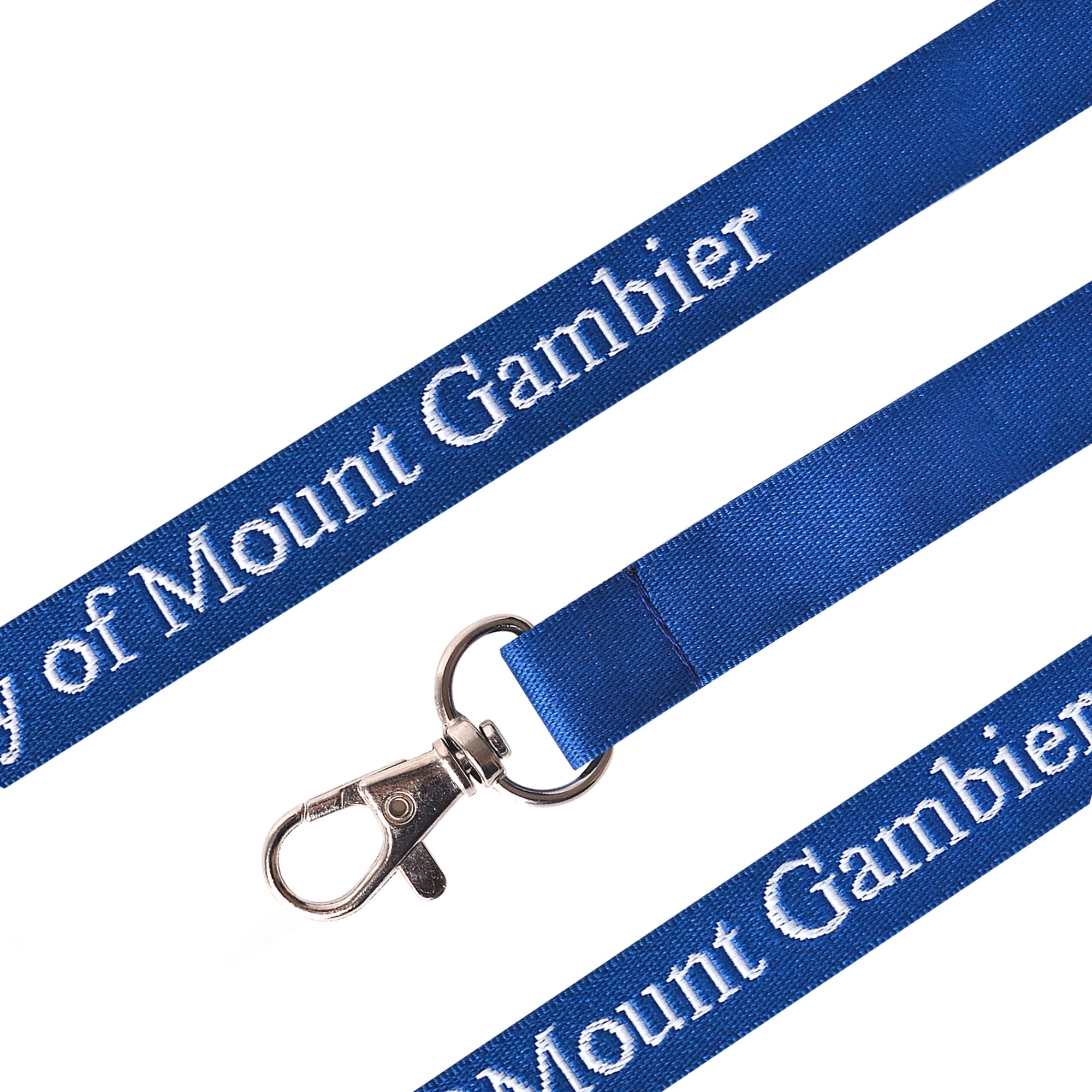 A blue woven lanyard with a metal clip and a branded logo design.