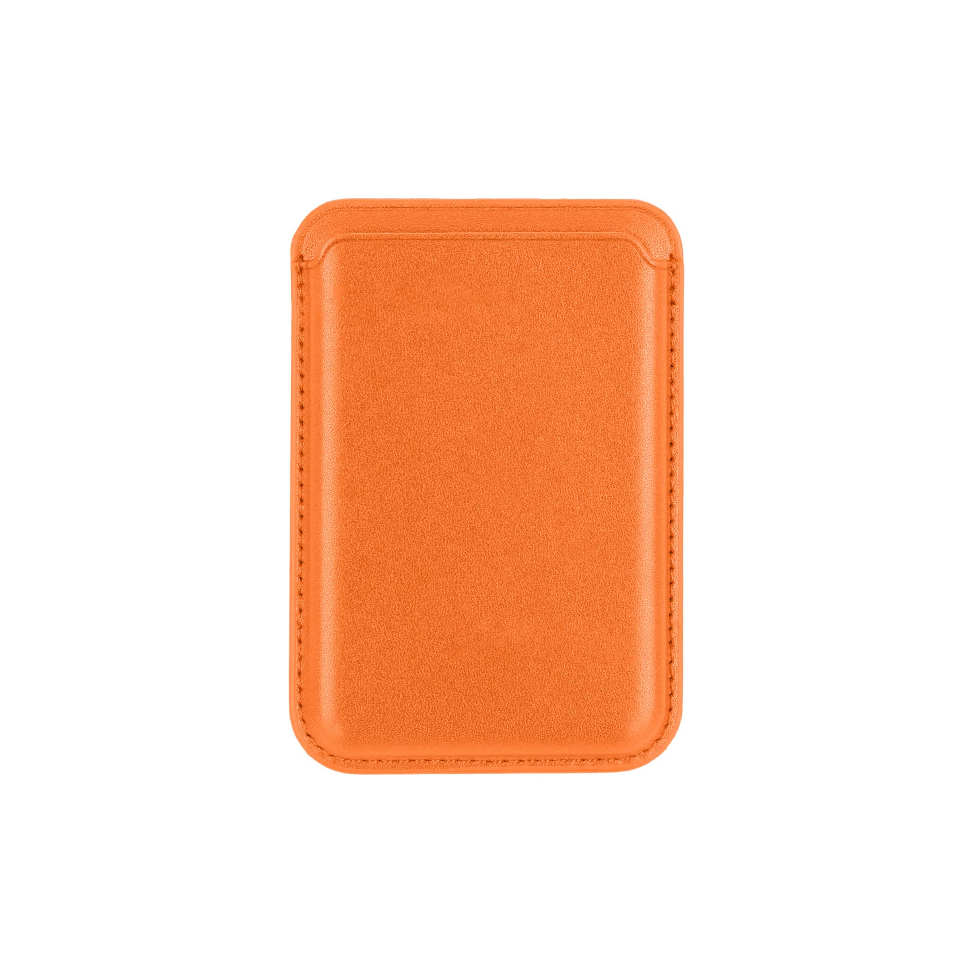 An orange PU magnetic phone card holder with a sleek design and a smooth finish, featuring a logo.