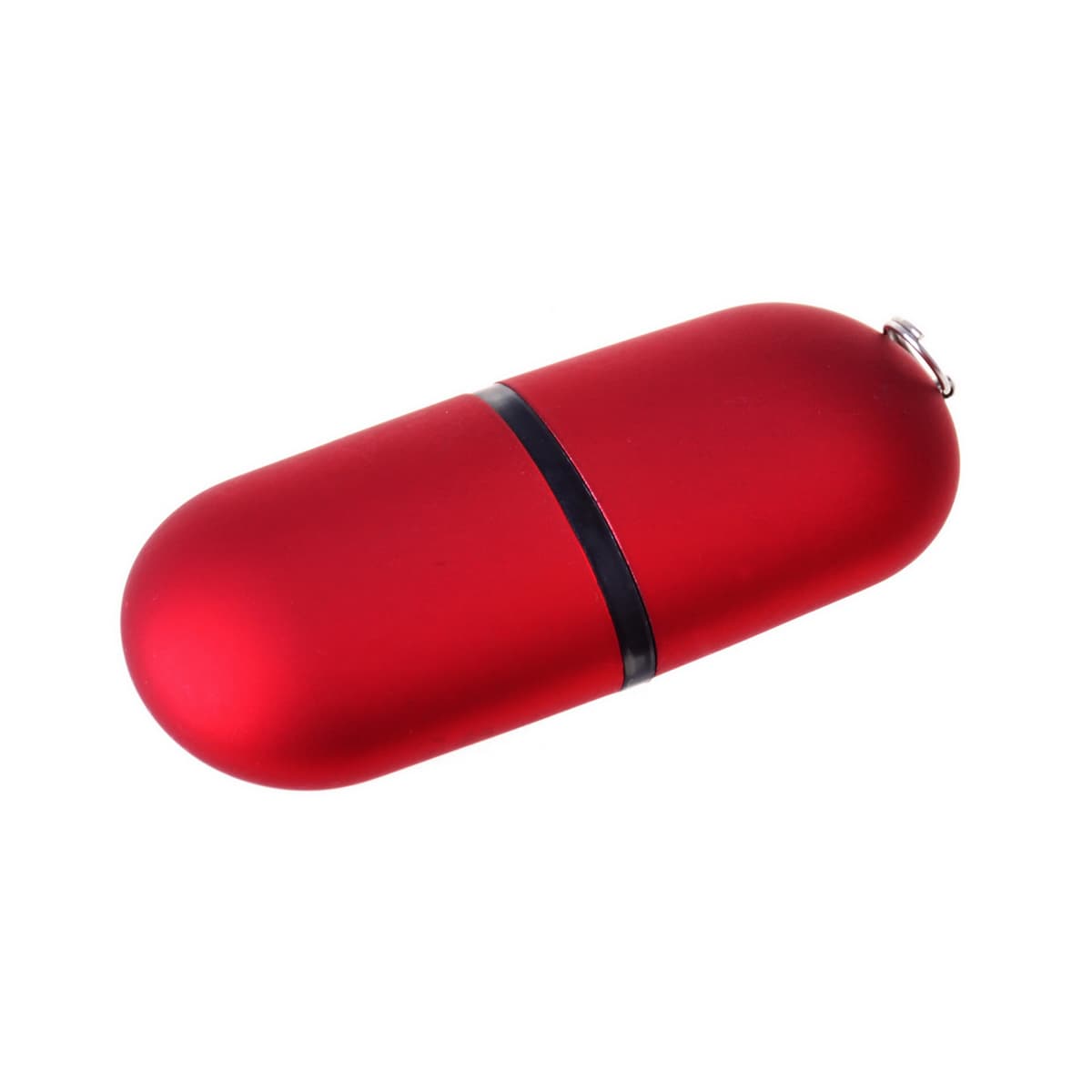 A red flash drive with a sleek, oval design and a black band, featuring a loop for attachment.