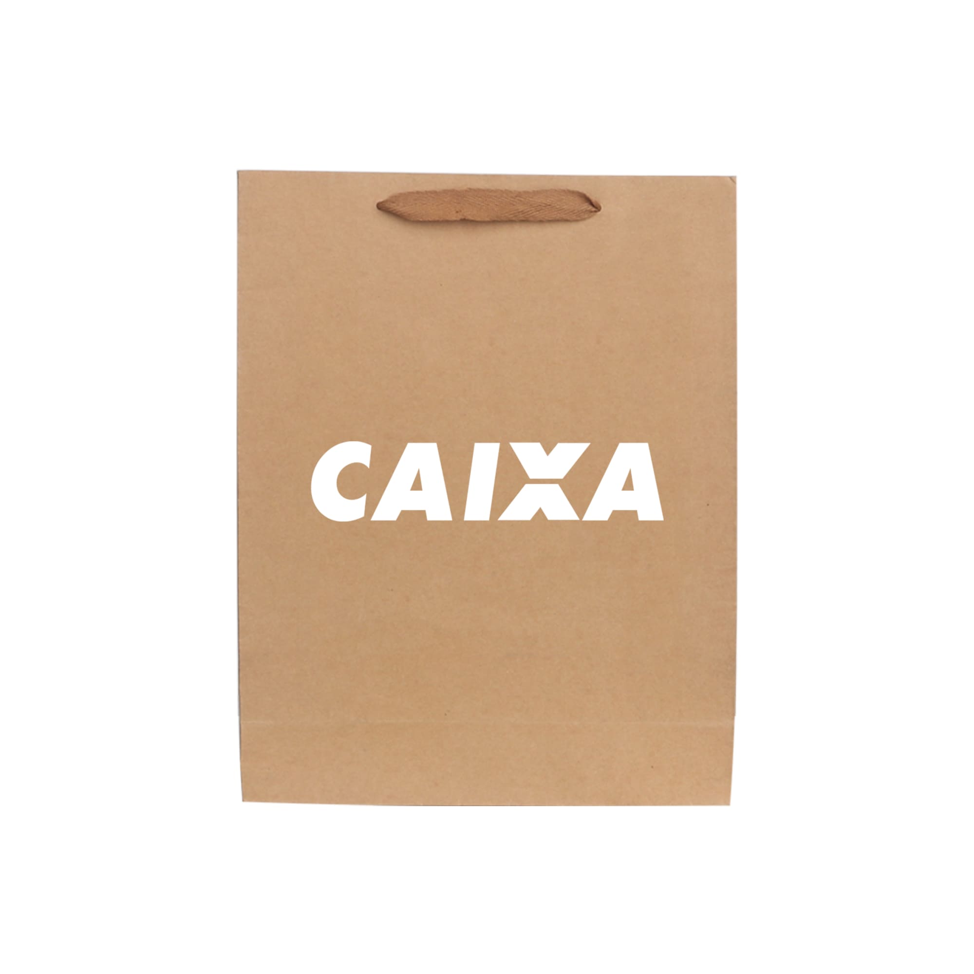 A medium brown paper bag with fabric flat handles, featuring a logo on the front.