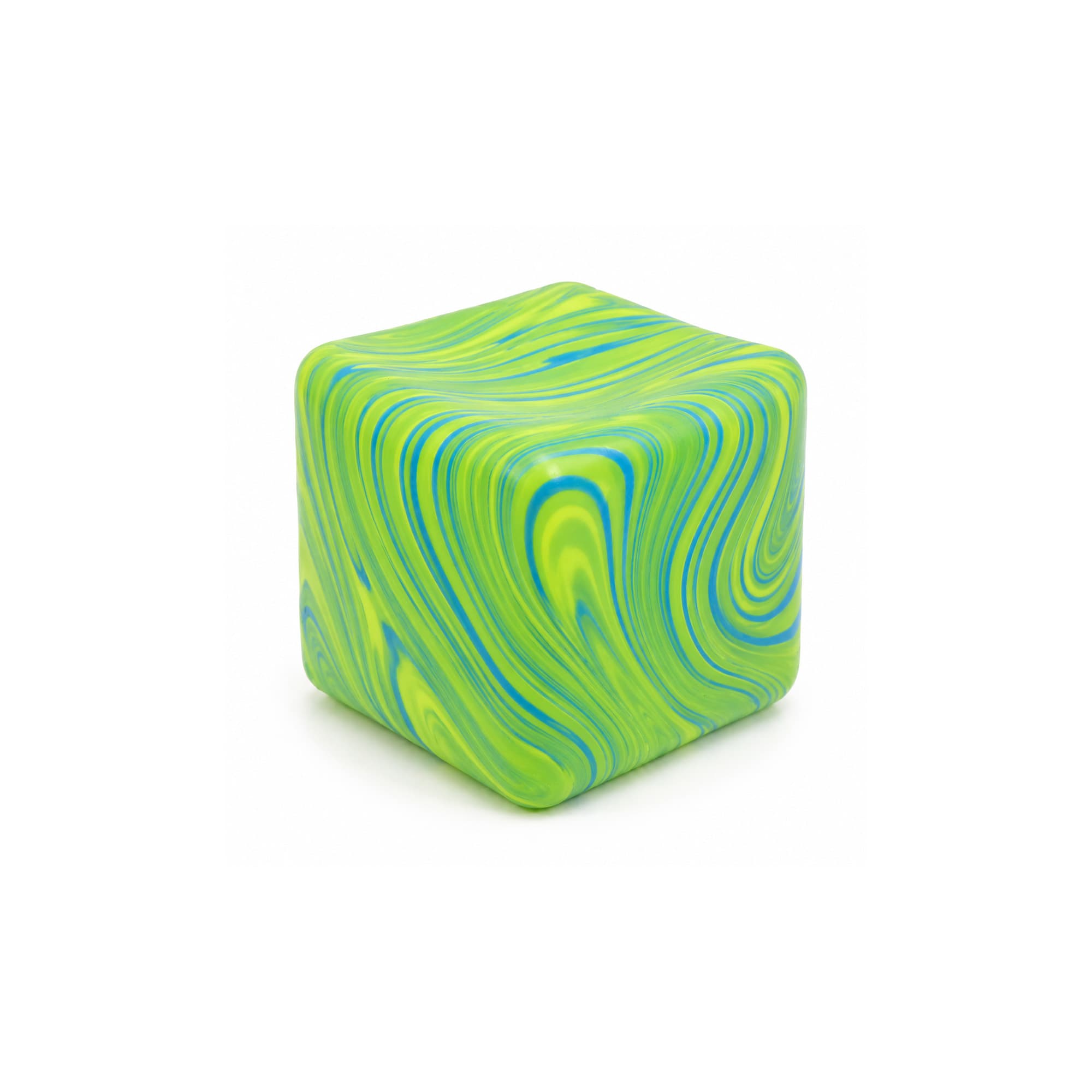 A colourful squishy cube featuring a blend of green and blue swirls, designed for stress relief.