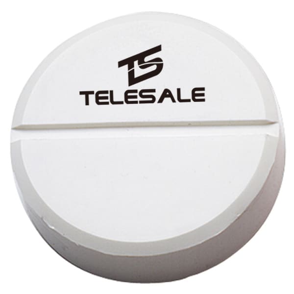 A round white stress reliever tablet with a logo printed on the surface.