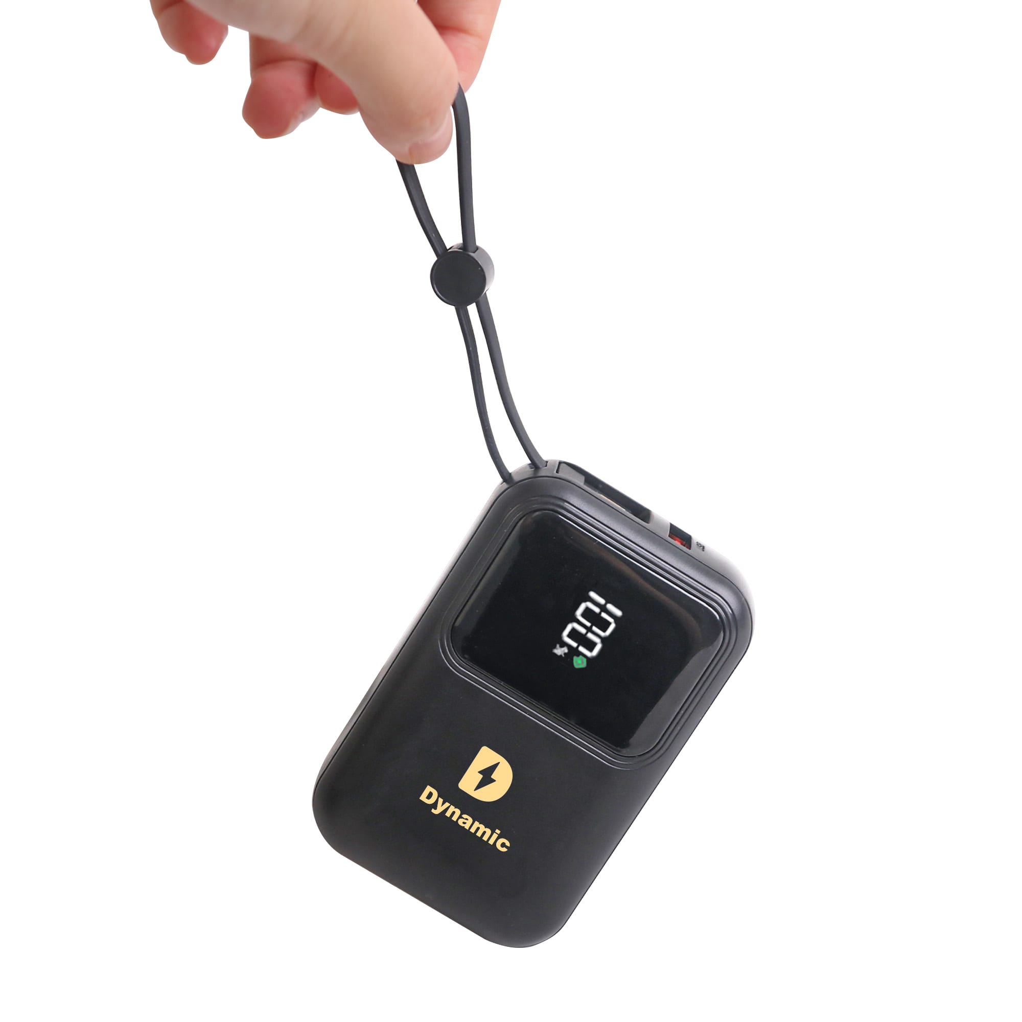 A hand holds a black portable power bank with a digital display and a logo, featuring a convenient strap.