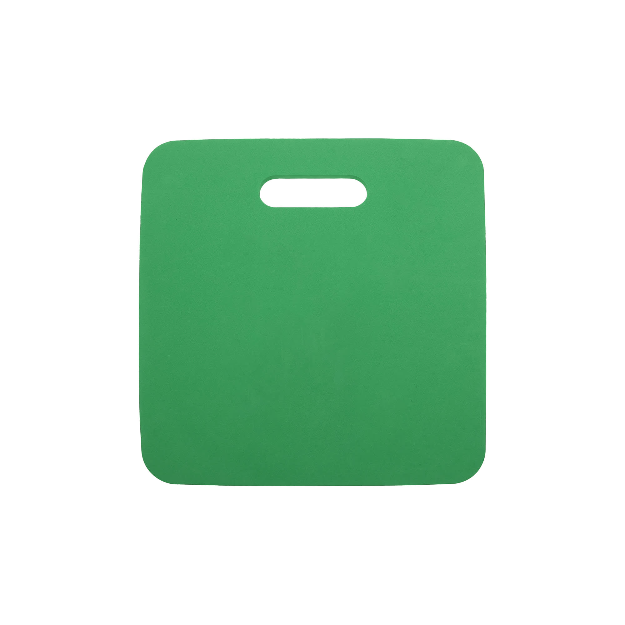 A green stadium seat cushion with a handle, featuring a smooth surface and a simple design.