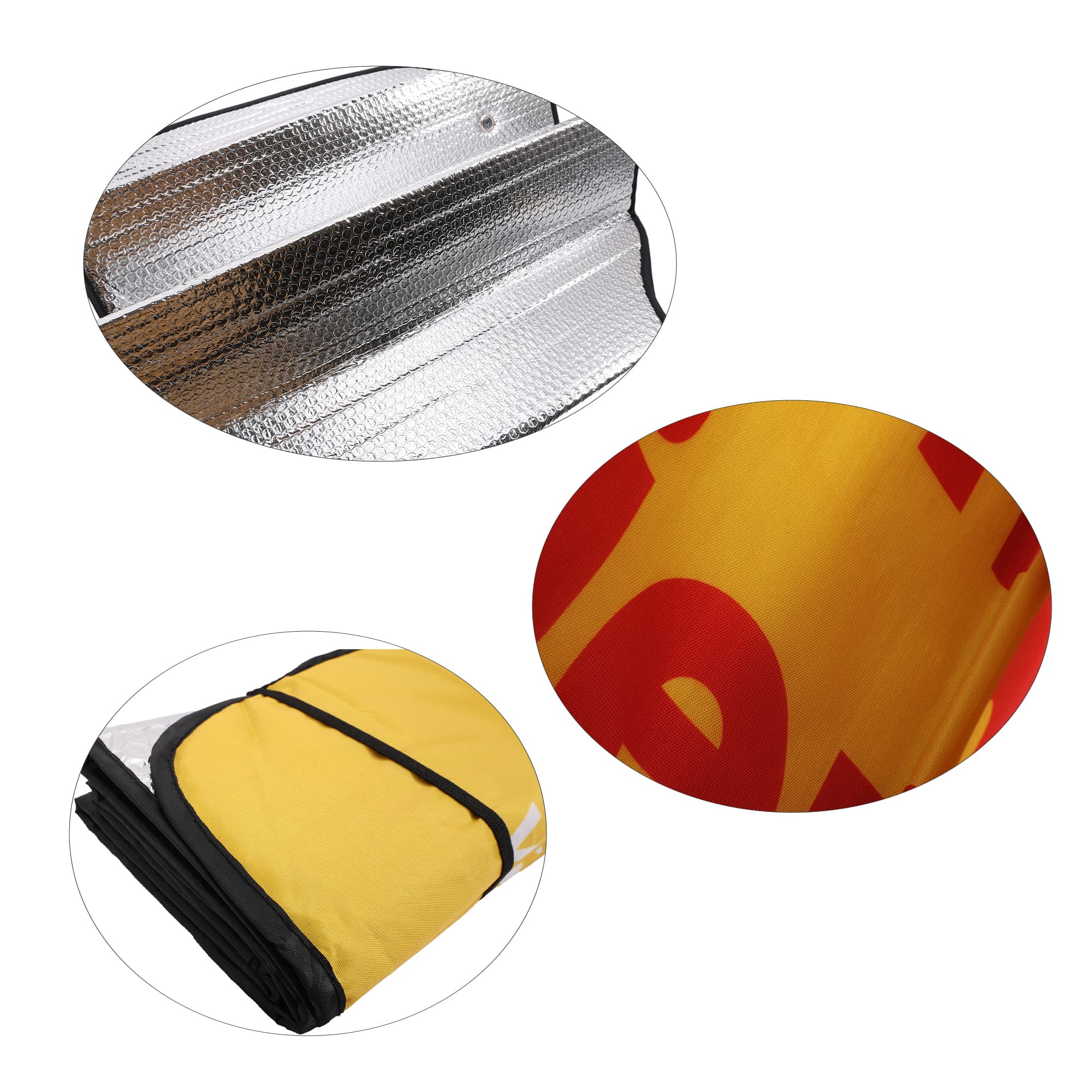 Full colour printed bubble aluminium car sun shade featuring a shiny silver reflective surface and a bold yellow backing, includes branding.