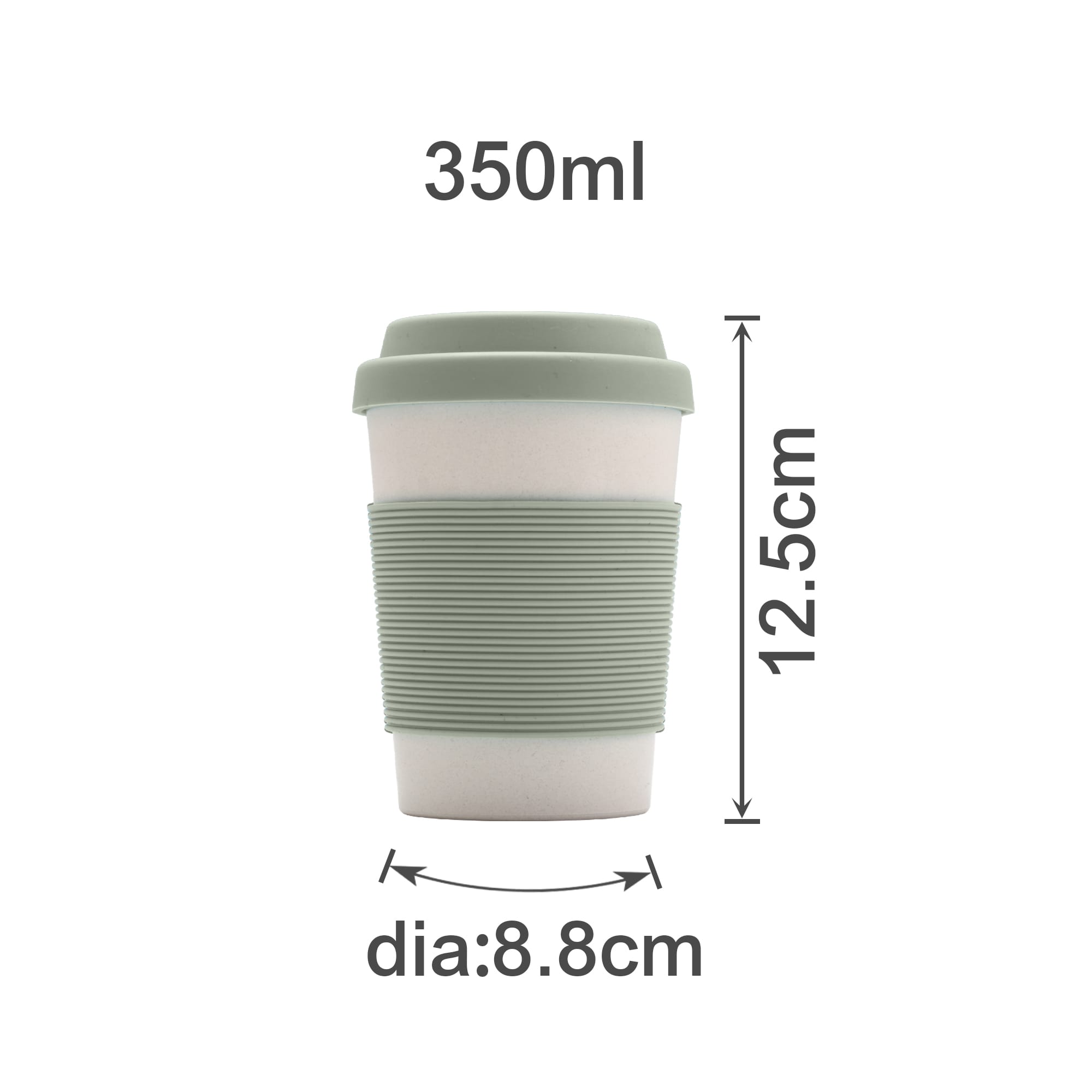 A bamboo fibre coffee cup in cream with a light green silicone lid and grip, measuring 350ml.
