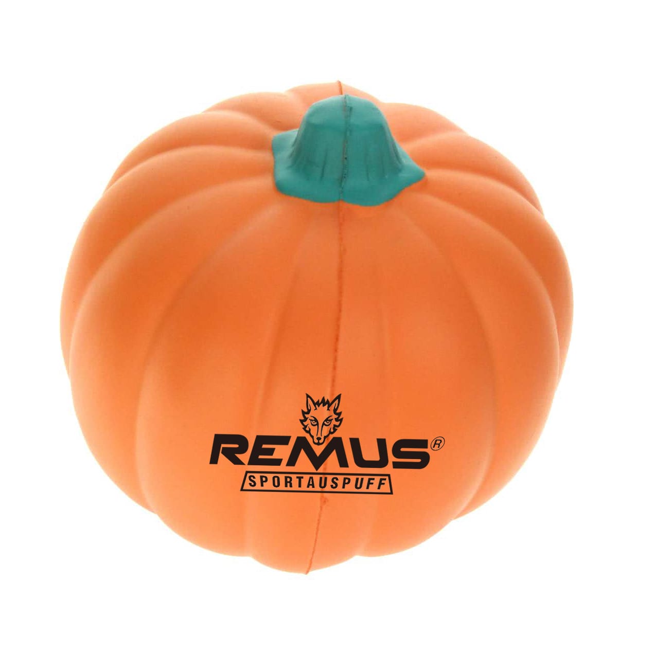 An orange pumpkin-shaped stress reliever with a green stem and a branding logo on the surface.