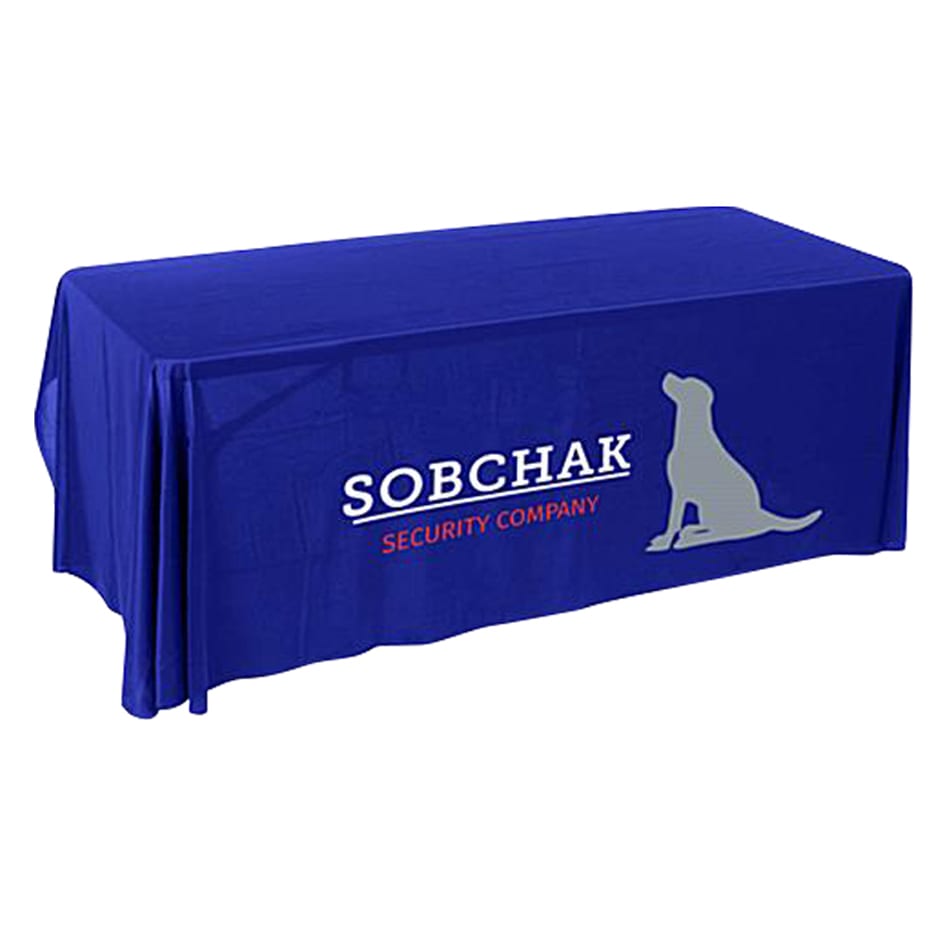 A blue 3-sided throw table cloth for an 8ft table featuring a logo.