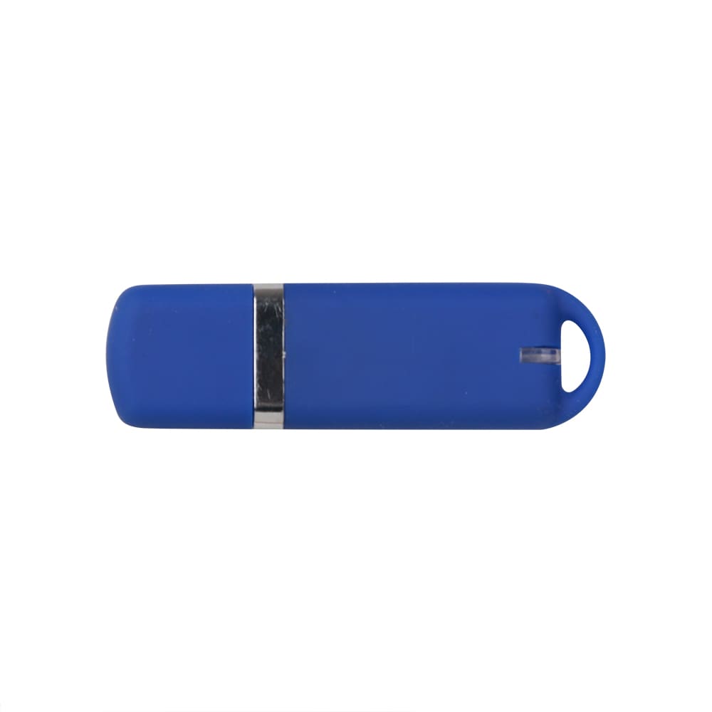 A blue flash drive with a silver band and a keyring hole for easy attachment.