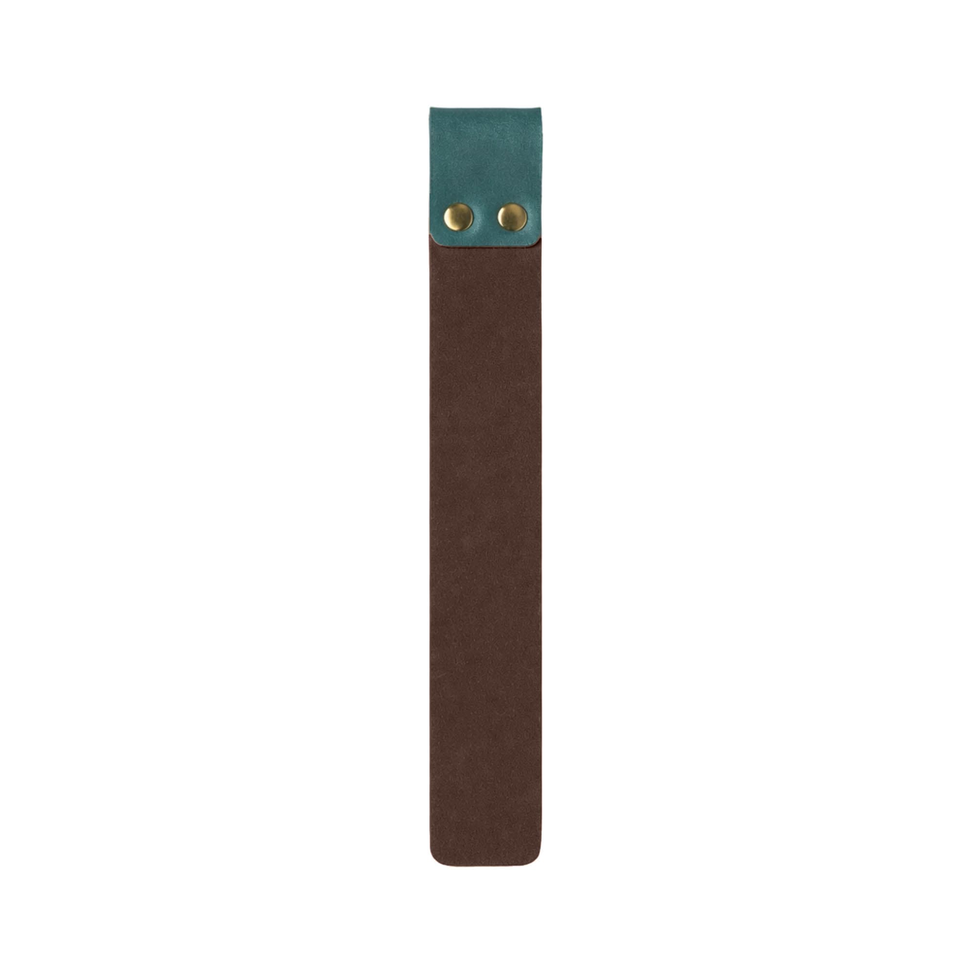 A brown and teal custom PU bookmark featuring two brass snaps at the top and a smooth finish.