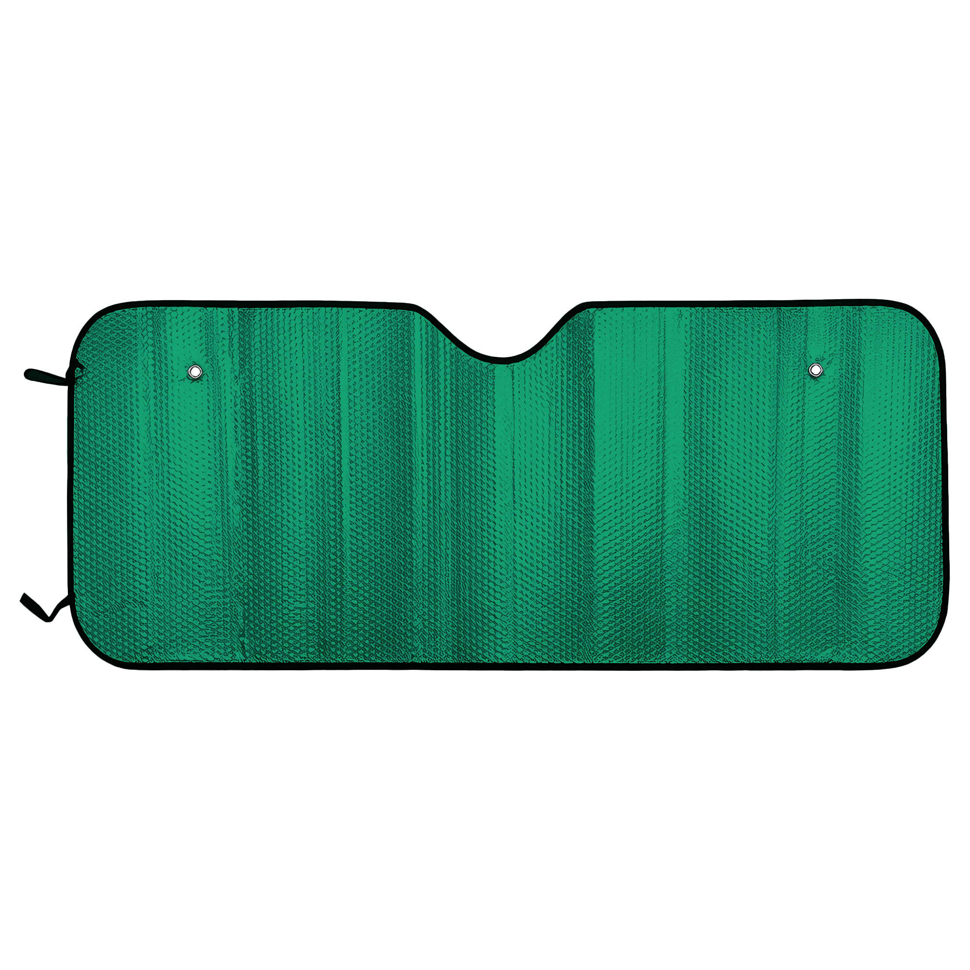 A bubble aluminium car sun shade in bright green, featuring a black trim, designed for vehicle windshields.