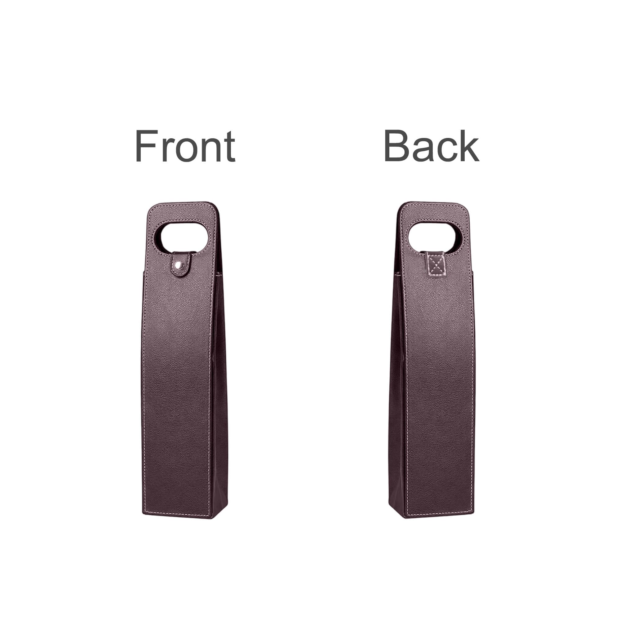 A wine bottle bag in deep brown with stitching details and a handle for easy carrying. Features front and back views.
